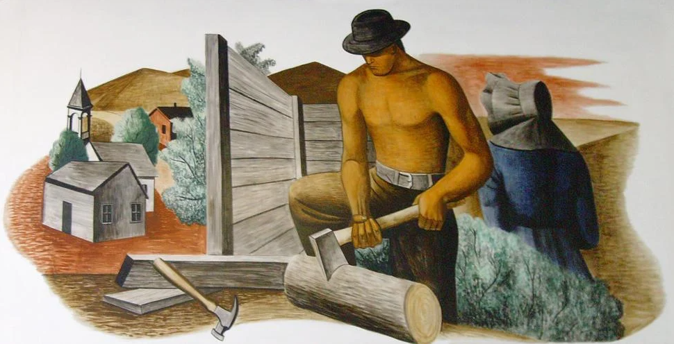 As the fifth piece in the "History of the Gila Valley" series, "Home" captures the beginnings of town life—a couple tending land, a church rising nearby. With softened forms and pastoral tones, Fogel paints hope emerging from hardship. (5/6)