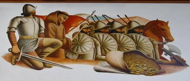 Painted in 1940 for the Safford Post Office under a New Deal public art program, "The Conquistadors"—in a six part series called "History of the Gila Valley"—depicts Spanish explorers and a priest arriving in the Southwest. Fogel’s bold forms and sub