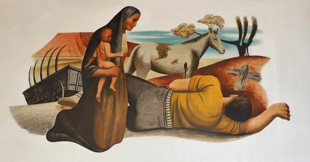 As the third piece in the "History of the Gila Valley" series, "Struggles" depicts a pioneer woman grieves beside her slain husband. Originally, Fogel proposed including Native American figures in a sympathetic light—an idea rejected by locals. This 