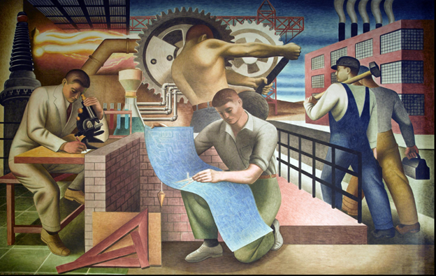 Seymour Fogel mural. A social realism mural in various colors showing a man looking through a microscope, another reviewing blueprints, holding a protractor, two construction workers walking, and a final man, shirtless, appearing to pull a lever.