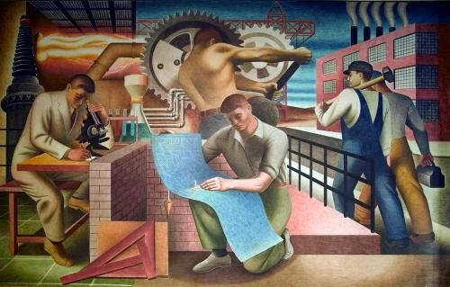 "The Wealth of a Nation" is a companion piece to Security of the People, also commissioned in 1941 and located in the Wilbur J. Cohen Federal Building. This mural celebrates the strength of America’s economy and labor force. It features imagery of in