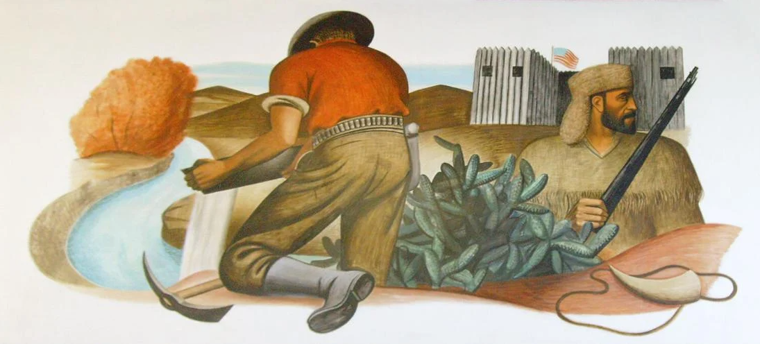 The second piece in the "History of the Gila Valley" series, "The New Land" shows a prospector and trapper—early agents of change in the Arizona wilderness. With stylized forms and muted light, Fogel evokes the lure of discovery, while hinting at dee