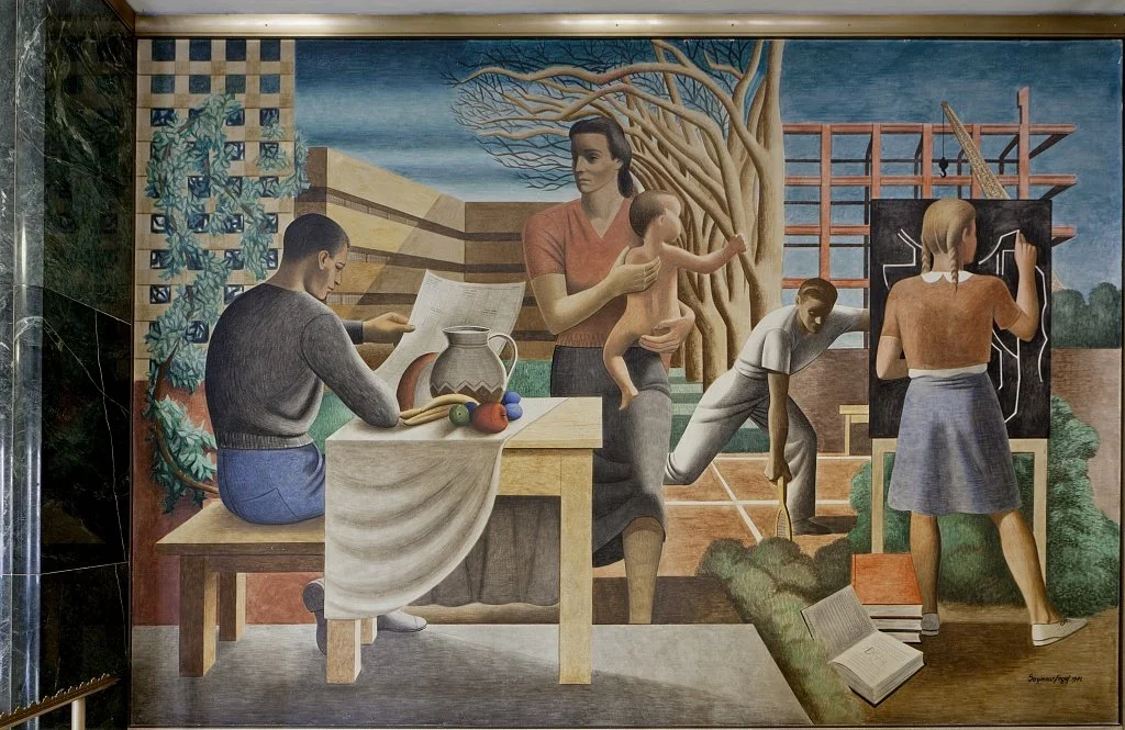 "Security of the People" is a prominent New Deal-era mural, commissioned in 1941 through the Section of Fine Arts. It is located in the lobby of the Wilbur J. Cohen Federal Building—formerly the Social Security Administration Building—in Washington, 