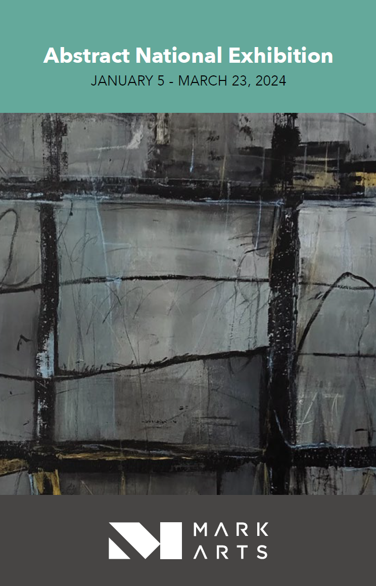 Cover page of an art exhibition catalog titled 'Abstract National Exhibition' at Mark Arts, showing an abstract painting with dark and gray tones and bold black lines, with dates January 5 to March 23, 2024.