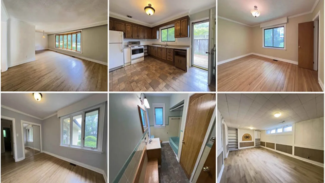 Collage of staged home interiors including living room, kitchen, and basement | Real estate photography, Lower Mainland.