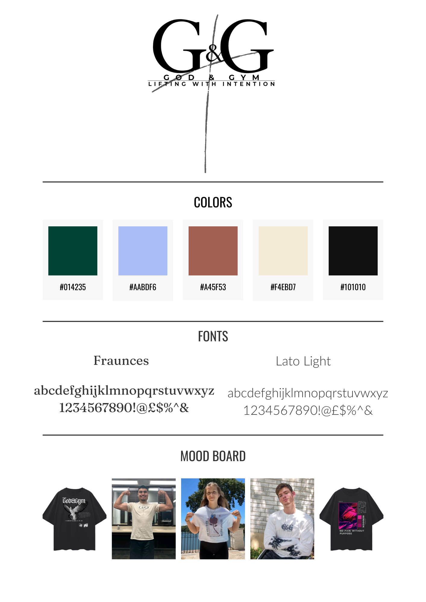 Brand design board for 'God & Gym' featuring a logo, color palette, chosen fonts, and mood board with t-shirts and people modeling athletic wear. Colors include dark green, light blue, brown, beige, and black. Fonts are Fraunces and Lato Light.