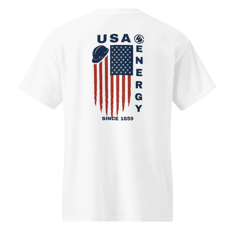 White T-shirt with "USA Energy," an American flag design featuring a hard hat, and "Since 1859" text.
