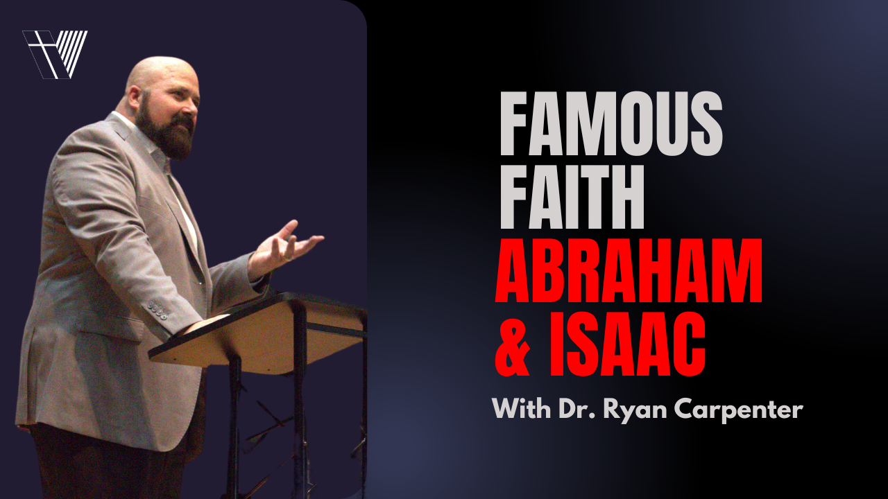 A speaker standing at a podium, shown on a poster for a talk titled "Famous Faith: Abraham & Isaac" with Dr. Ryan Carpenter. The speaker is gesturing as if explaining something.