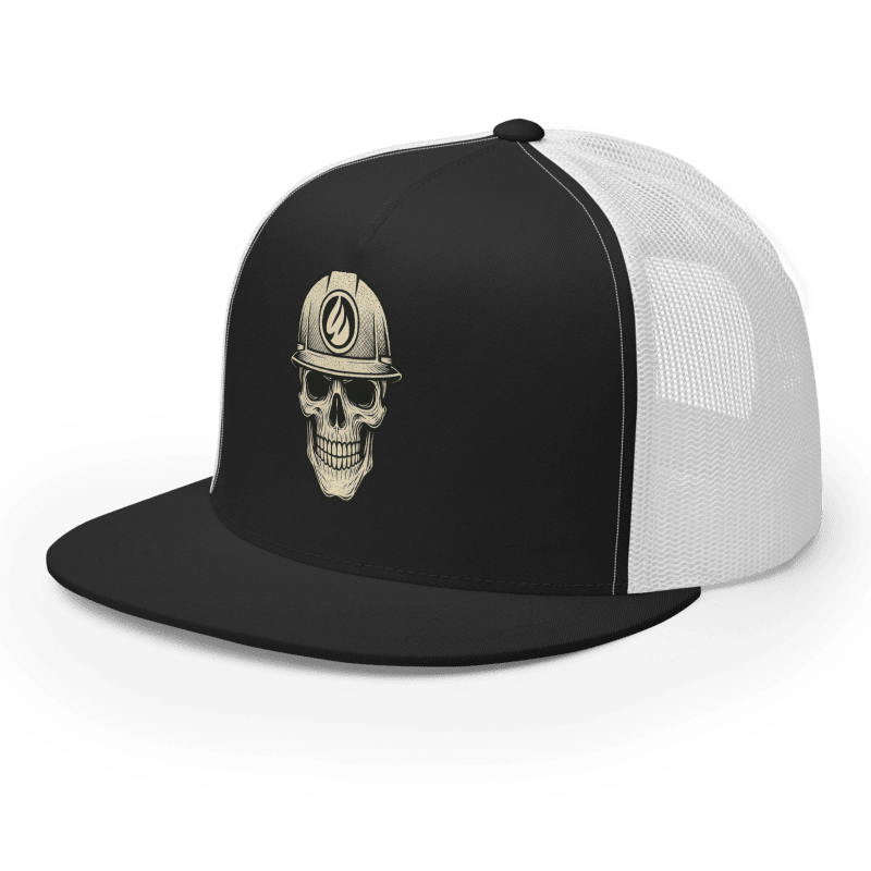 Black and white trucker hat with skull in a hard hat design on front panel.