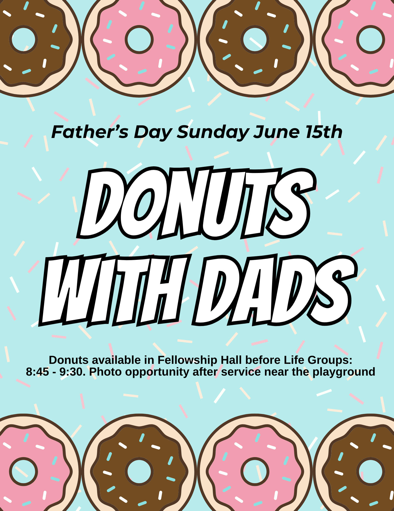 Event flyer for "Donuts with Dads" on Father's Day, June 15th, with donut illustrations and event details.