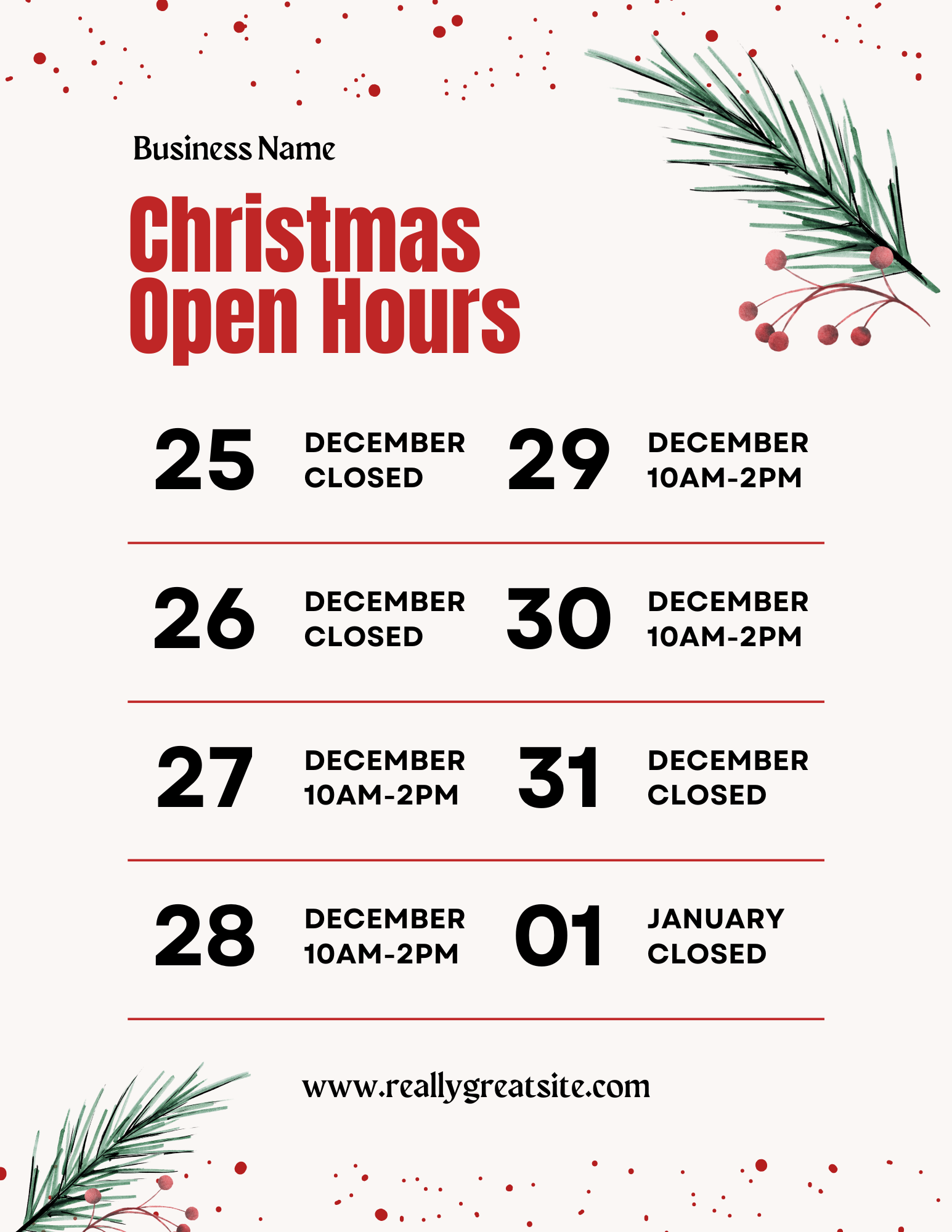 Christmas open hours schedule with dates in December and January. Closed on December 25, 26, 31, and January 1. Open from 10 AM to 2 PM on December 27, 28, 29, and 30. Decorative elements include pine branches and red dots. Website: www.reallygreatsi