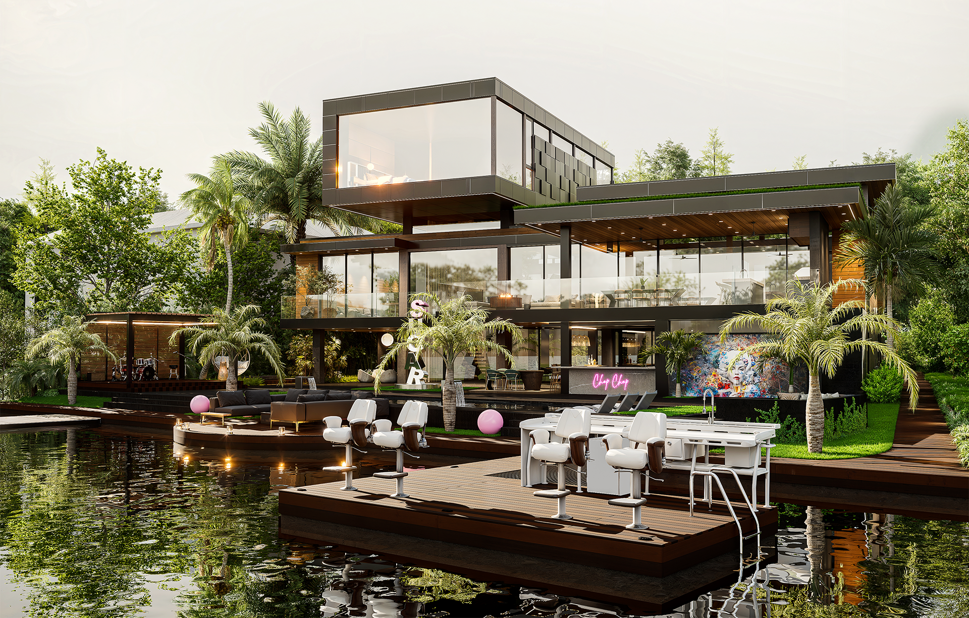 3D architectural rendering of a modern multi-level house in Sarasota, Florida with outdoor pool and patio area, surrounded by lush greenery and palm trees.
