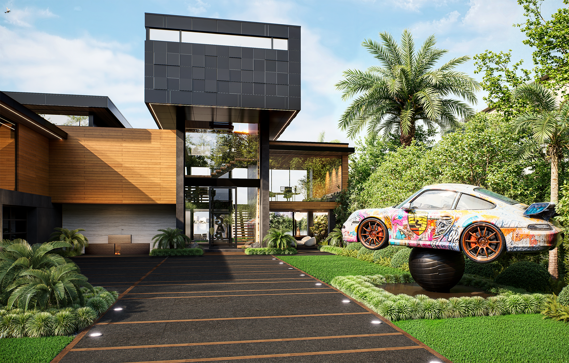 3D visualization of a modern house on Sarasota Bay, Florida with black and wooden exterior, lush green landscaping, palm trees, a colorful sports car sculpture on a pedestal, and clear blue sky.