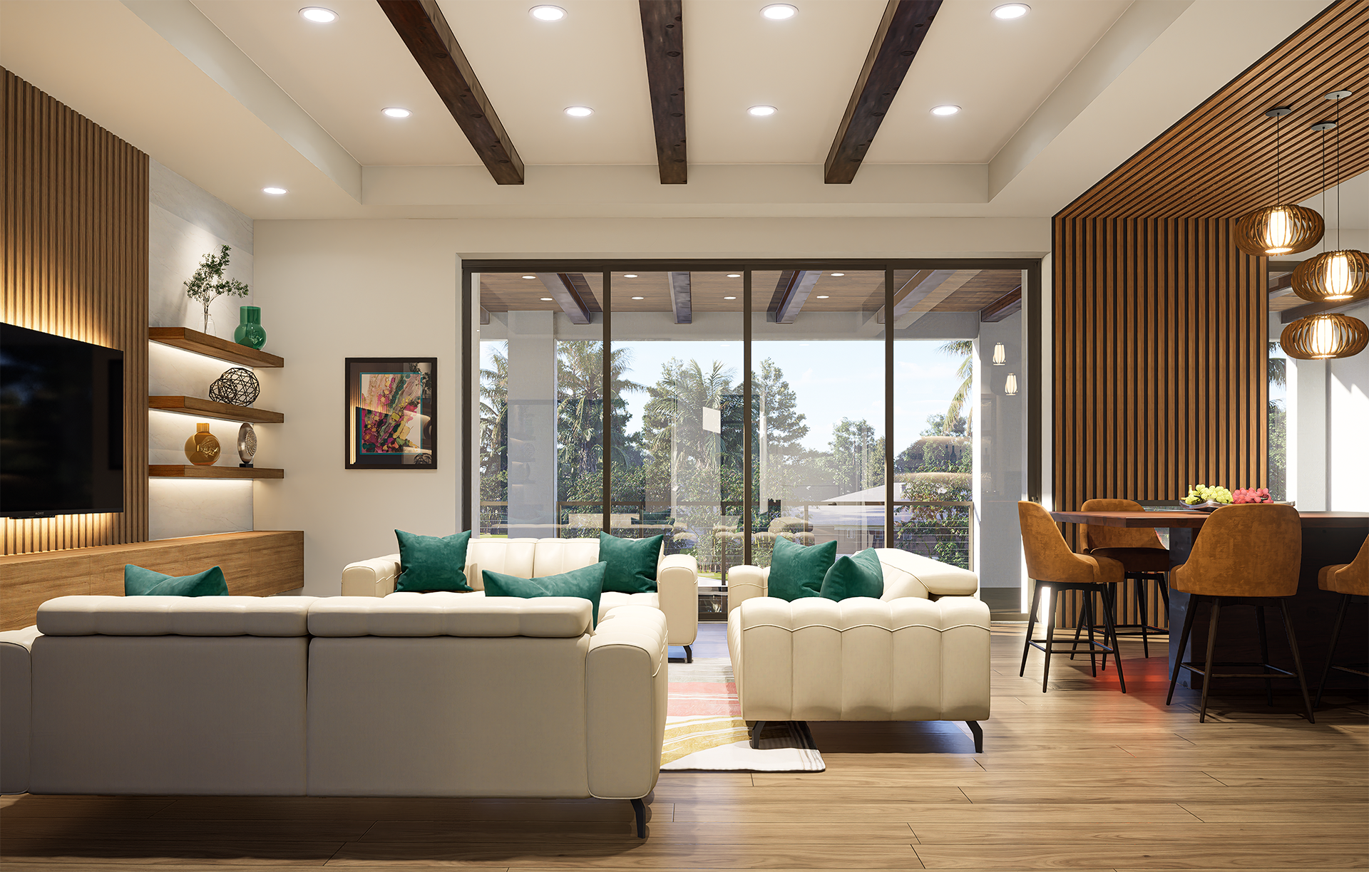 3D visualization of a modern living room with white sectional sofa, teal pillows, wooden accent wall with furniture and decorative items, large glass sliding doors revealing a patio and outdoor trees, and a dining area.