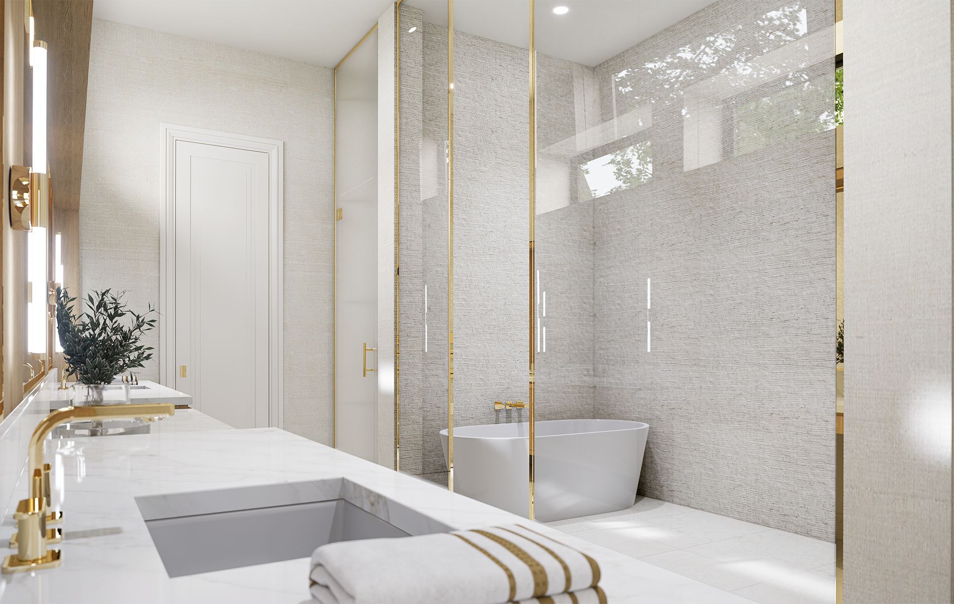 3D interior design rendering of a modern bathroom with white and gold accents, a bathtub, and a glass shower enclosure.