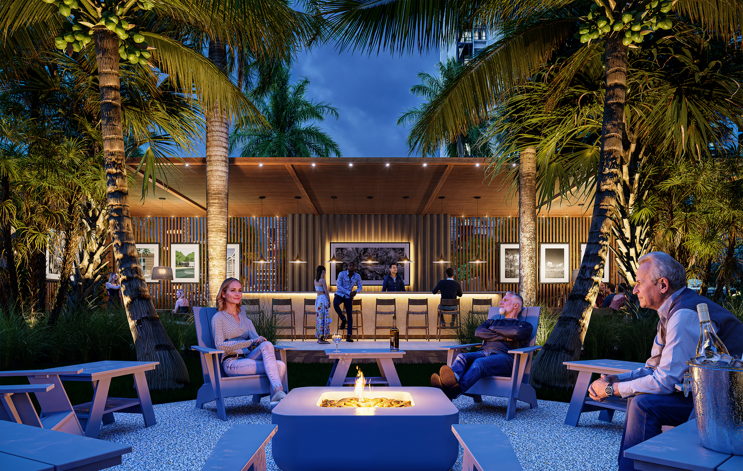 3D visualization of an outdoor evening fire pit in Sarasota, Florida with palm trees and a modern wooden bar, where people are socializing around a fire pit and enjoying drinks, with art framed pictures on the wall.