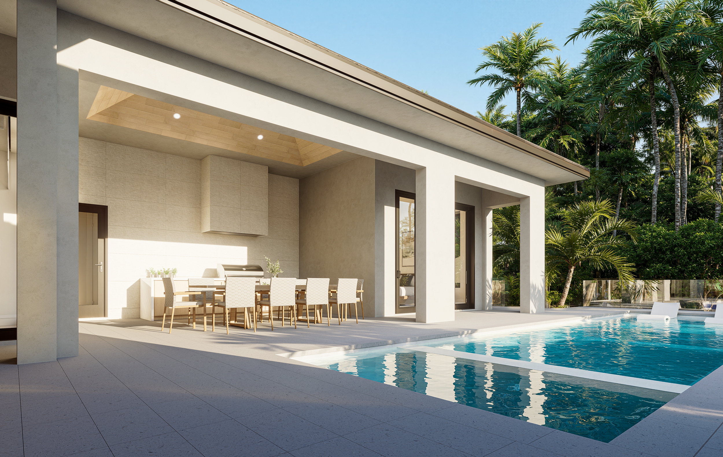 Modern house patio with outdoor dining area and swimming pool, surrounded by palm trees.