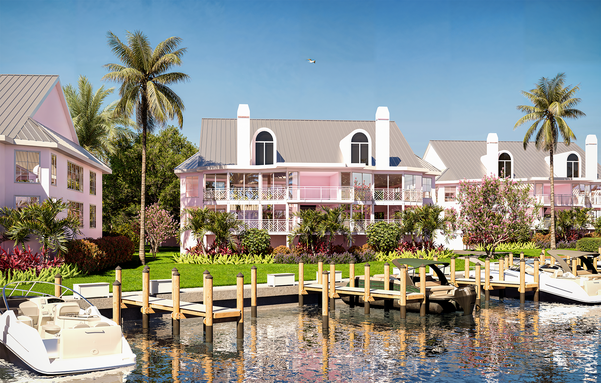3D rendering of a waterfront view of pink residential multi-family buildings in South Florida with balconies, surrounded by palm trees and flowers, with boats docked at a marina and a clear blue sky overhead.