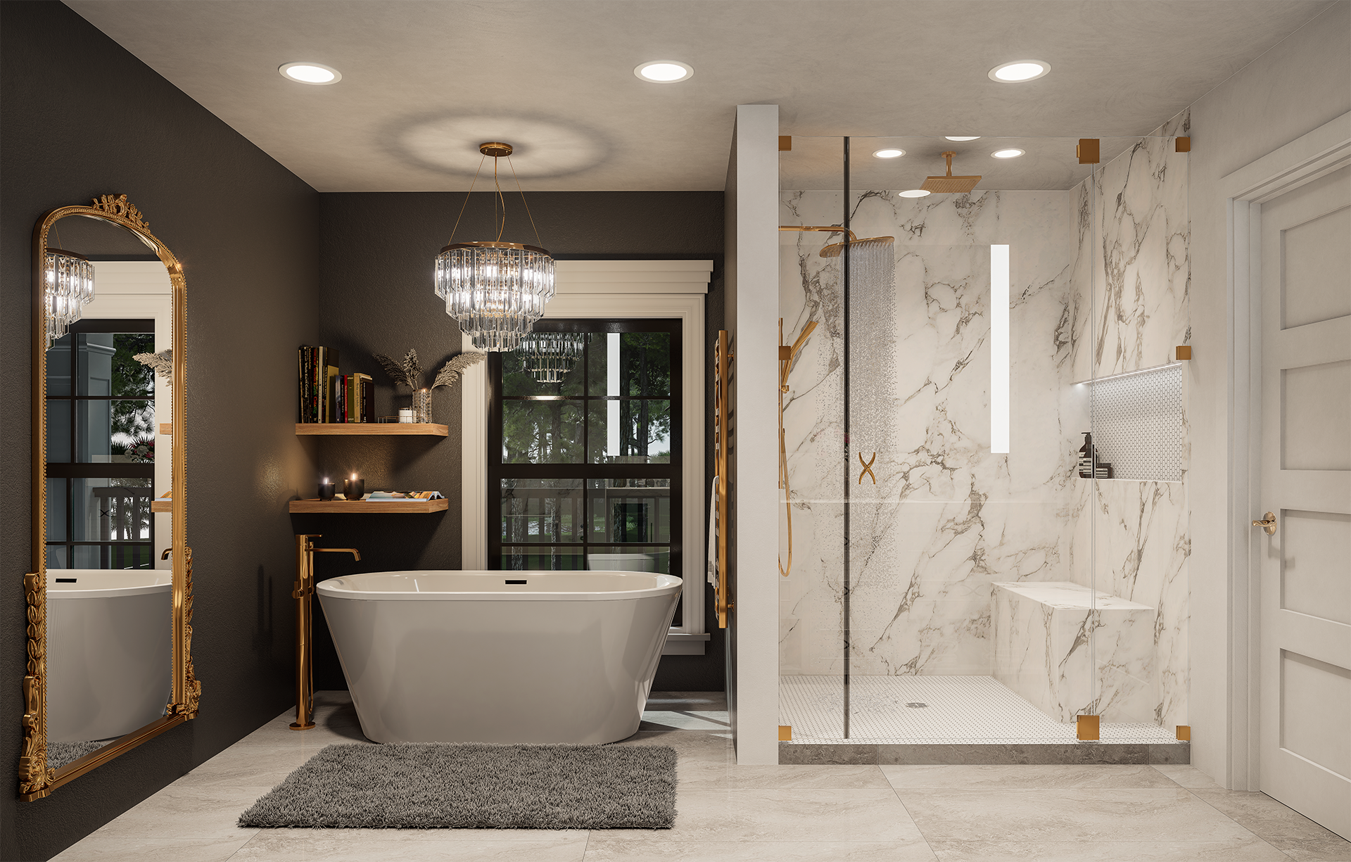 3D visualization of a modern bathroom with a black accent wall, a white free-standing bathtub, two gold-framed mirrors, a plush gray rug, a wall-mounted shelf with books and decorative items, and a walk-in shower with marble tiles and glass door.