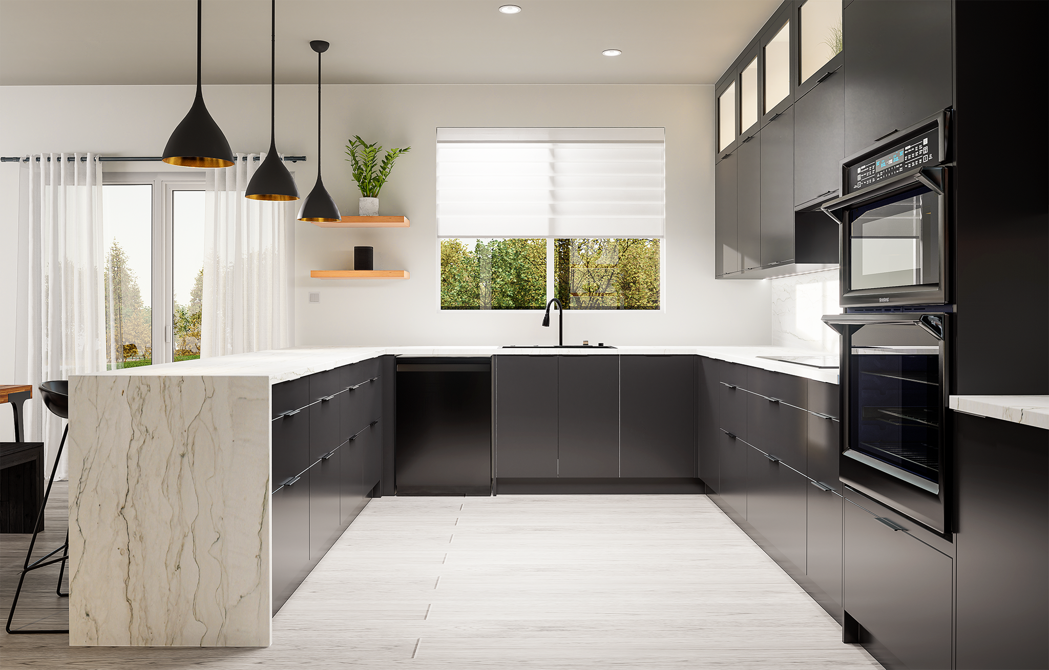3D rendering of a modern kitchen with black cabinetry, white marble countertops, black hanging pendant lights, a large window with white blinds, and a small shelf with a plant.