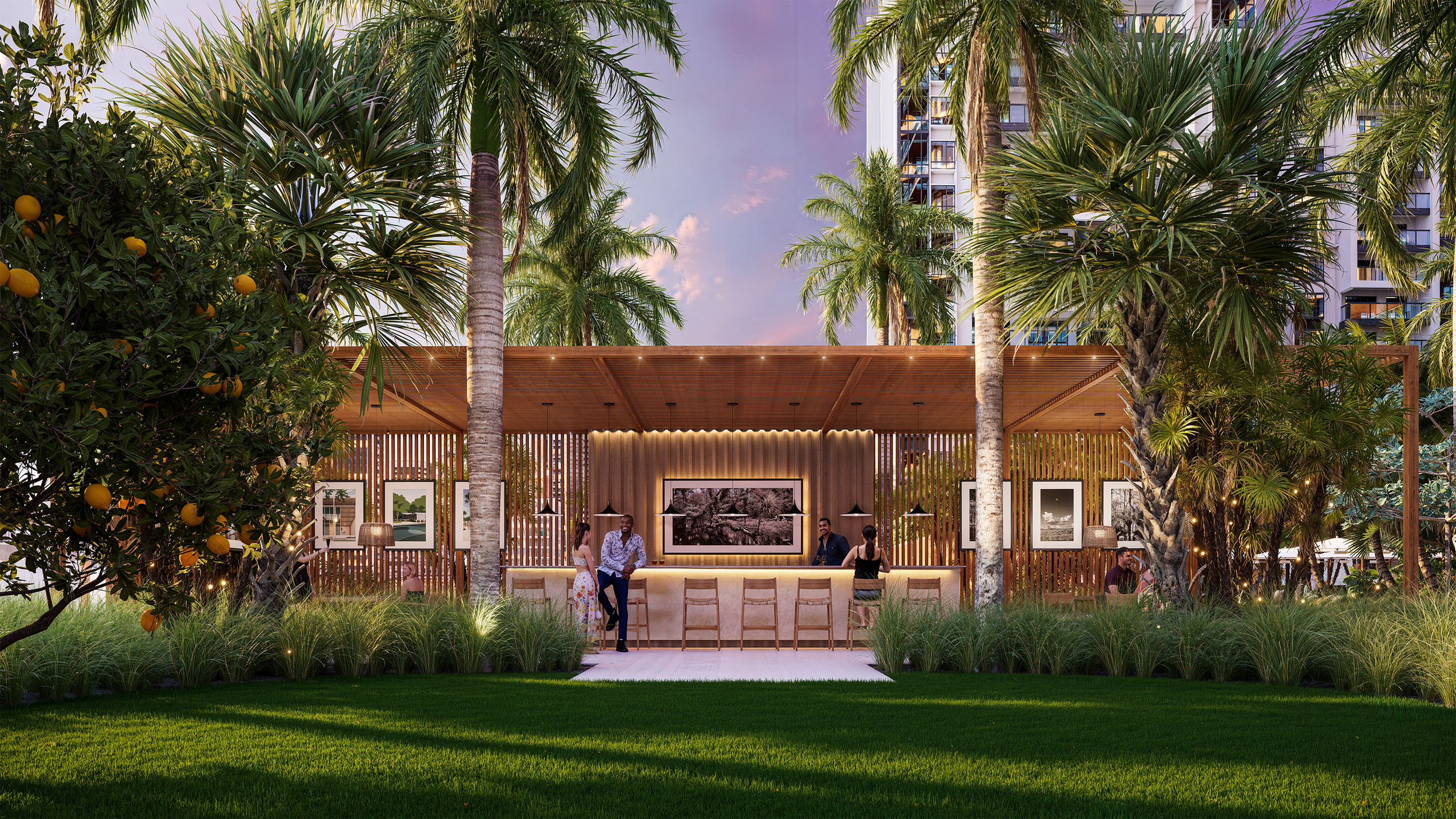 3D rendering of an outdoor social gathering area in a lush garden, featuring palm trees, other greenery, and a wooden pavilion. People are standing and sitting, engaging in conversation, with string lights adding warm ambiance. 