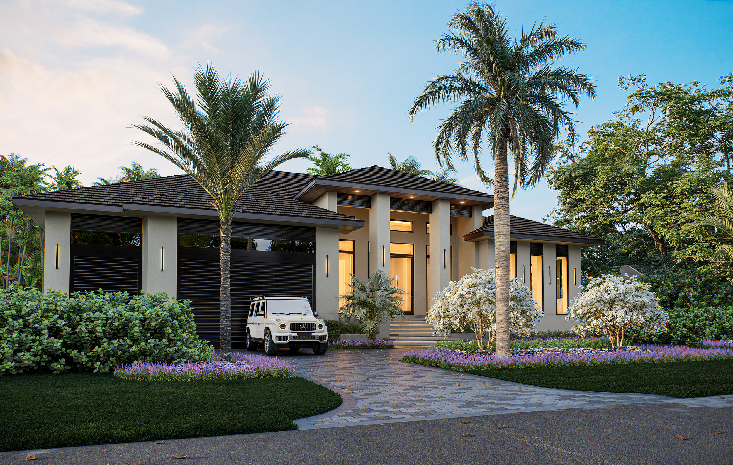 Modern house with landscaped garden, palm trees, white vehicle parked in front, and warm lighting in the evening.
