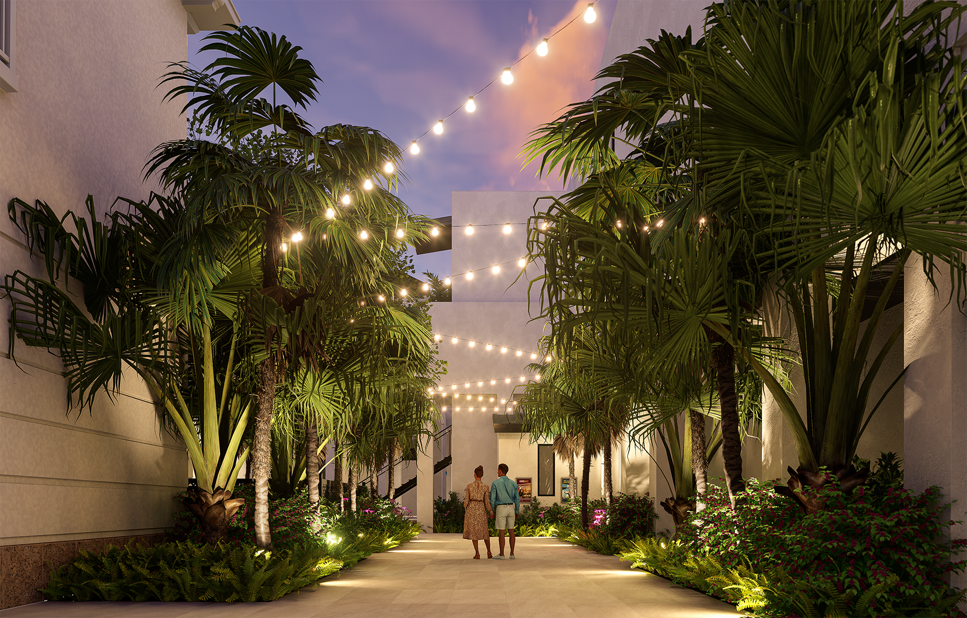 3D nighttime scene of an outdoor walkway with tall palm trees and lush plants on both sides. String lights hang overhead, casting warm light.