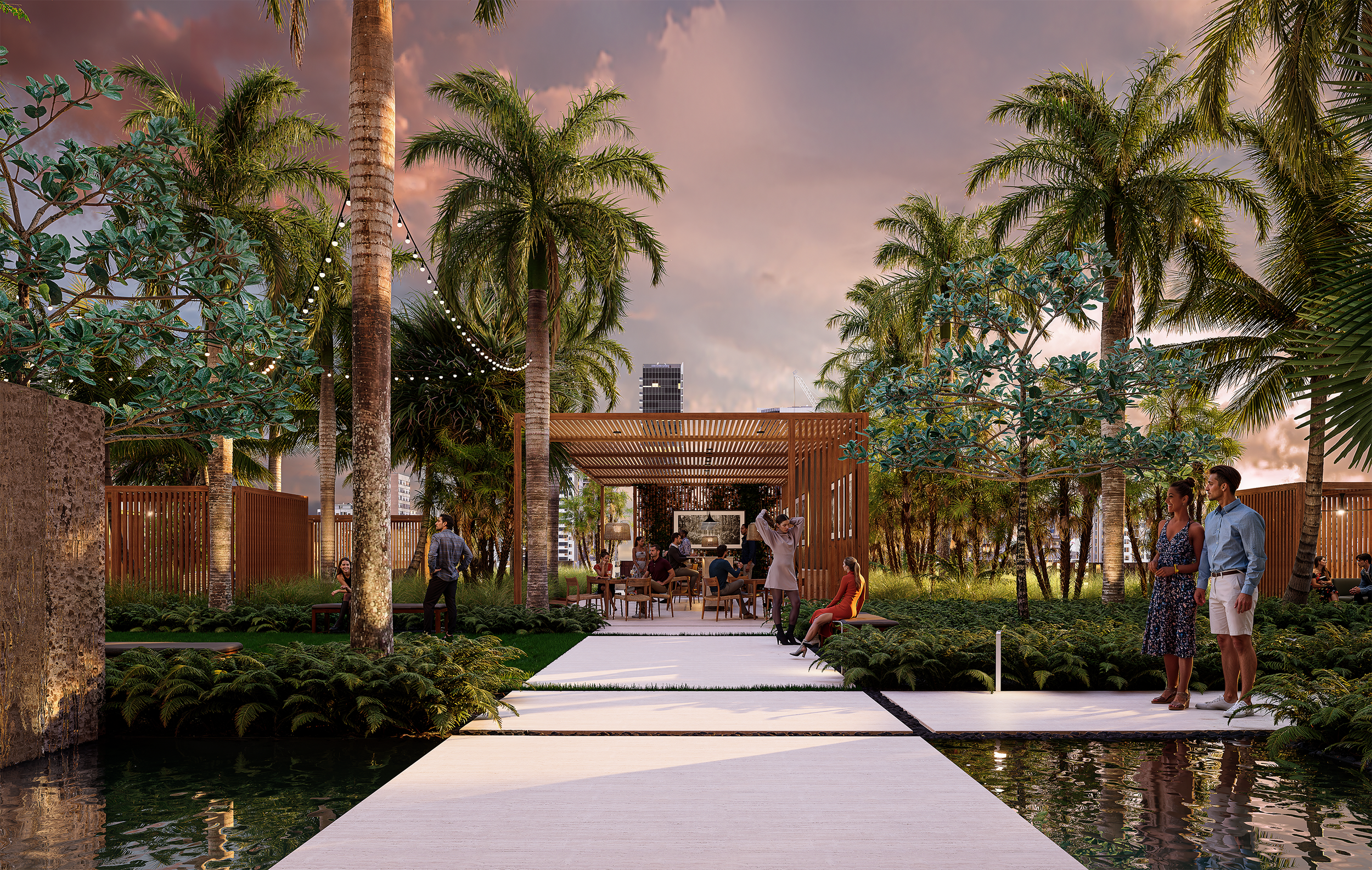 3D visualization of a tropical outdoor gathering space in Sarasota, FL with tall palm trees, a wooden pavilion, and people socializing, sitting, and standing around during sunset.