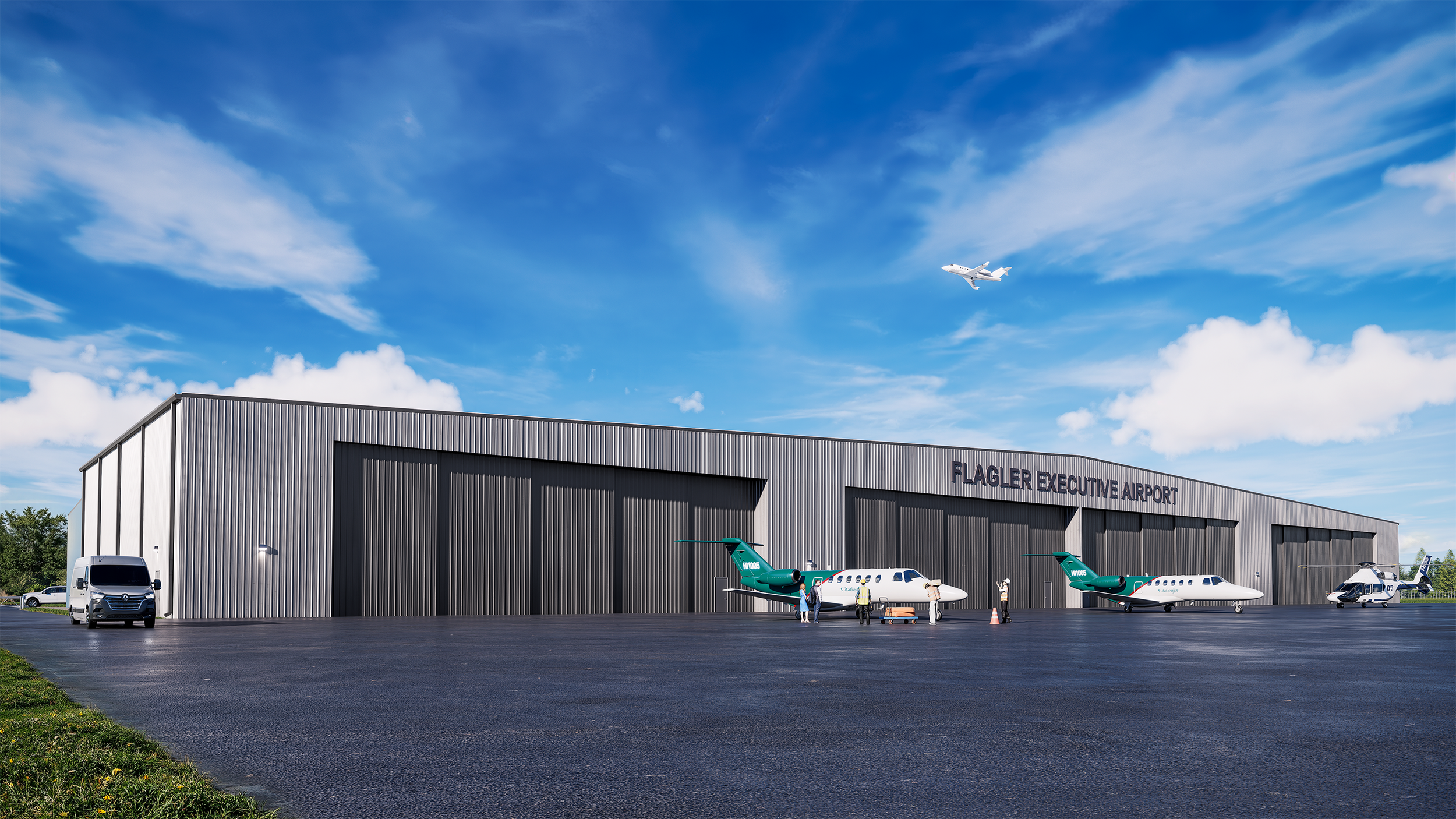 3D Exterior rendering of Flagler Executive Airport with small planes parked outside, people working, and a jet flying in the blue sky with few clouds.