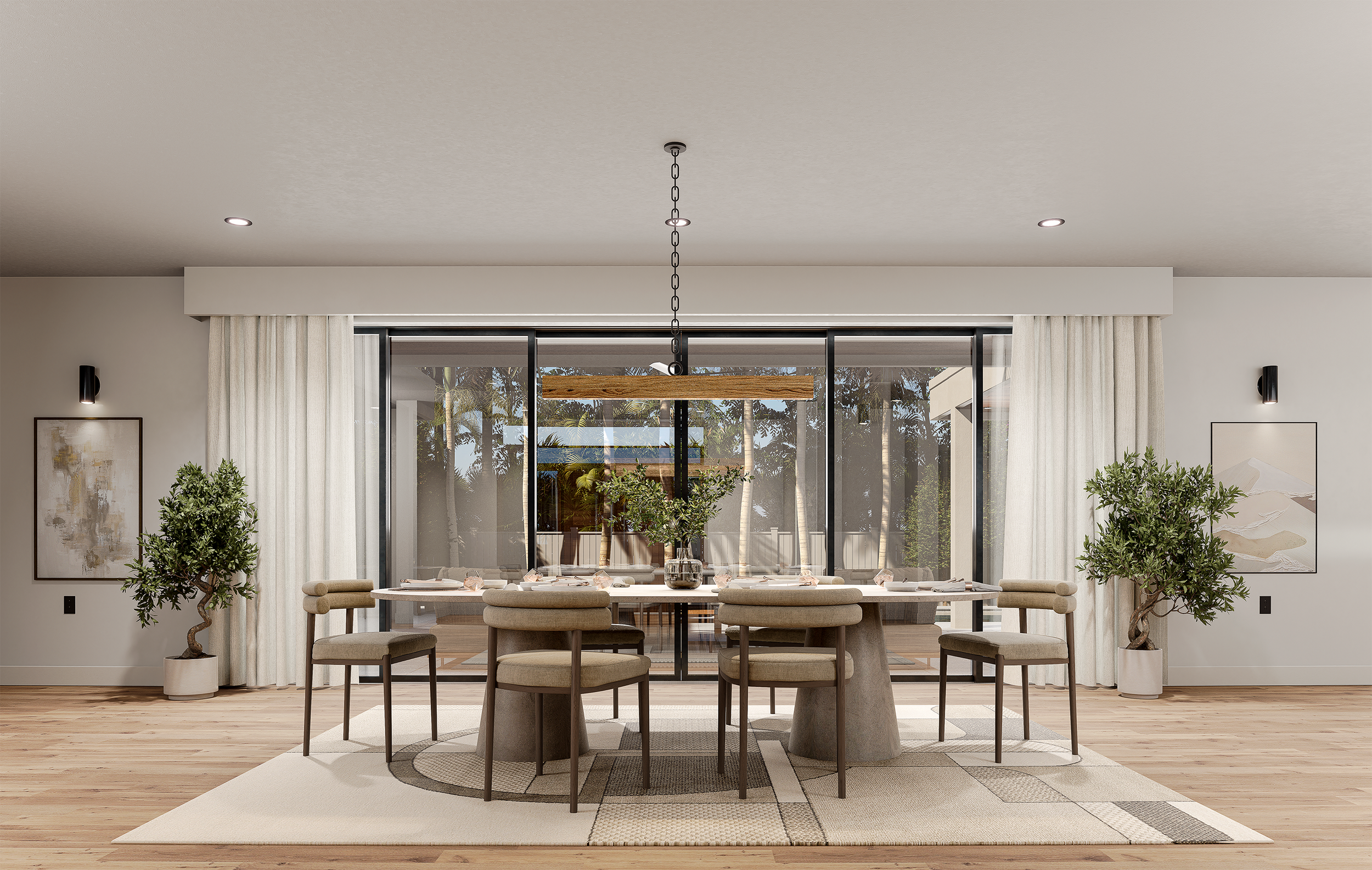 3D rendering of a modern dining room with a large table, six chairs, two potted plants, framed artwork, beige curtains, and large sliding glass doors revealing an outdoor patio with trees.