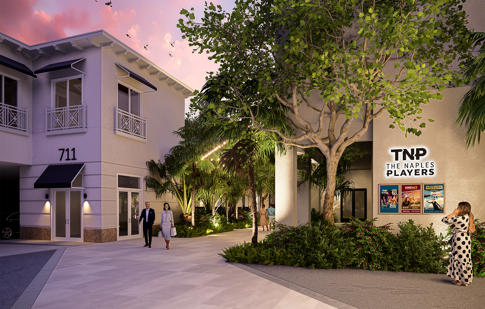 3D rendered night scene of the 'The Naples Players' theater in Naples, FL. Well-lit pathway with people walking, trees, and plants in the courtyard.