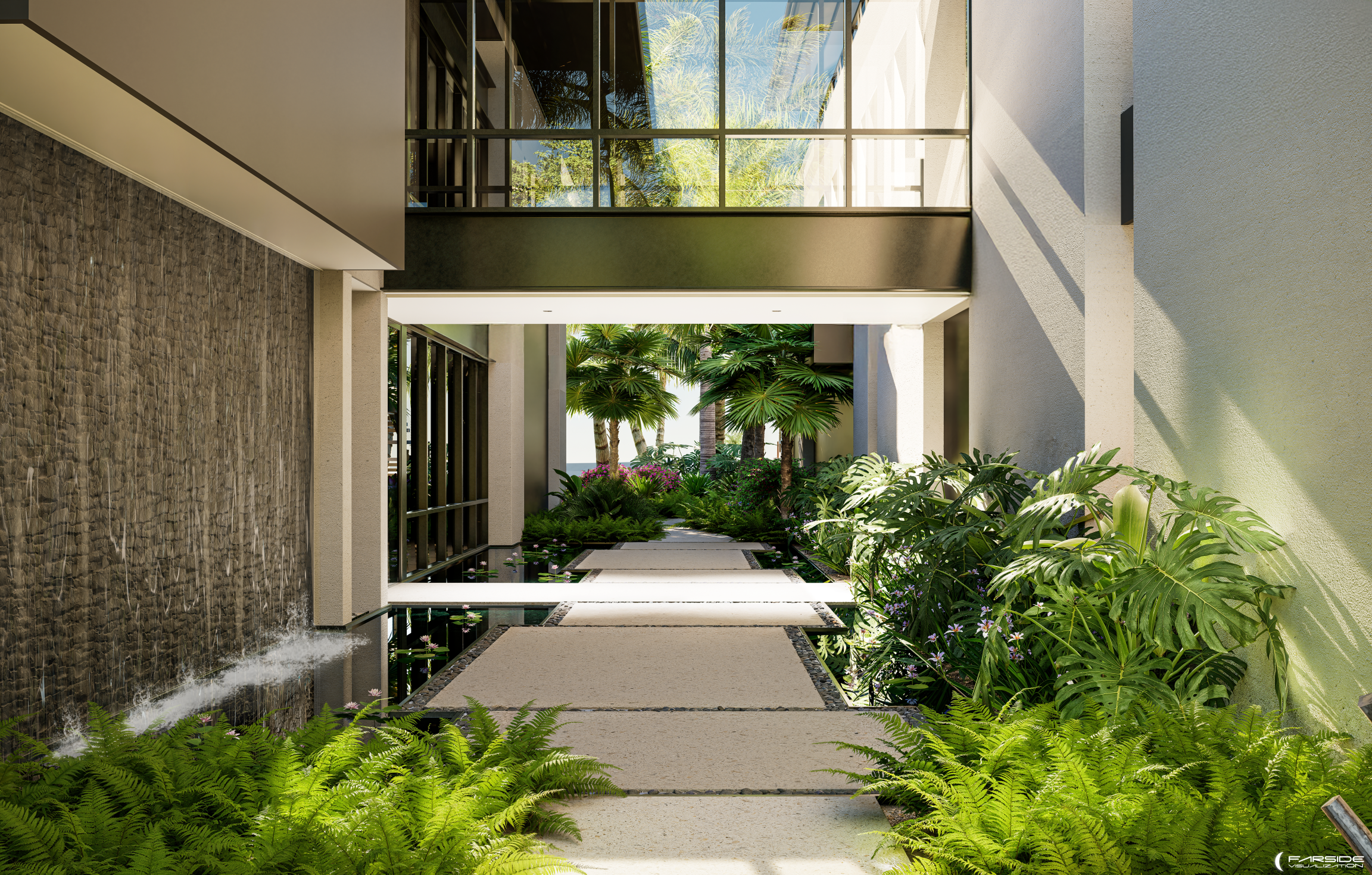 3D rendered modern building entrance with a water feature on the left, tropical plants along the pathway, large glass windows, and a view of palm trees and blue sky beyond.