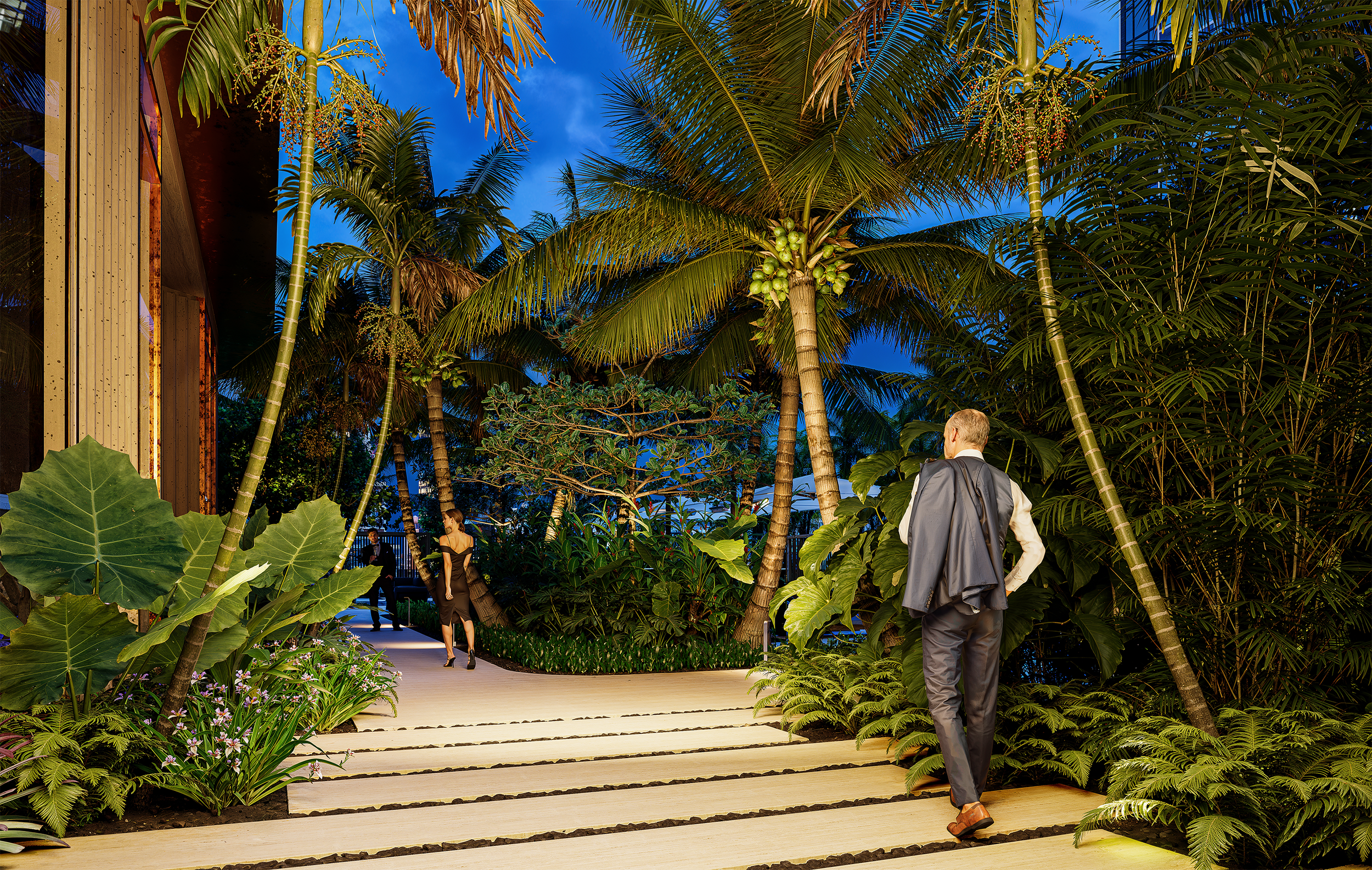 3D rendering of a resort style walking path. A man in a suit walking on a botanical garden pathway with tropical plants and large trees, including a coconut tree, during the evening.