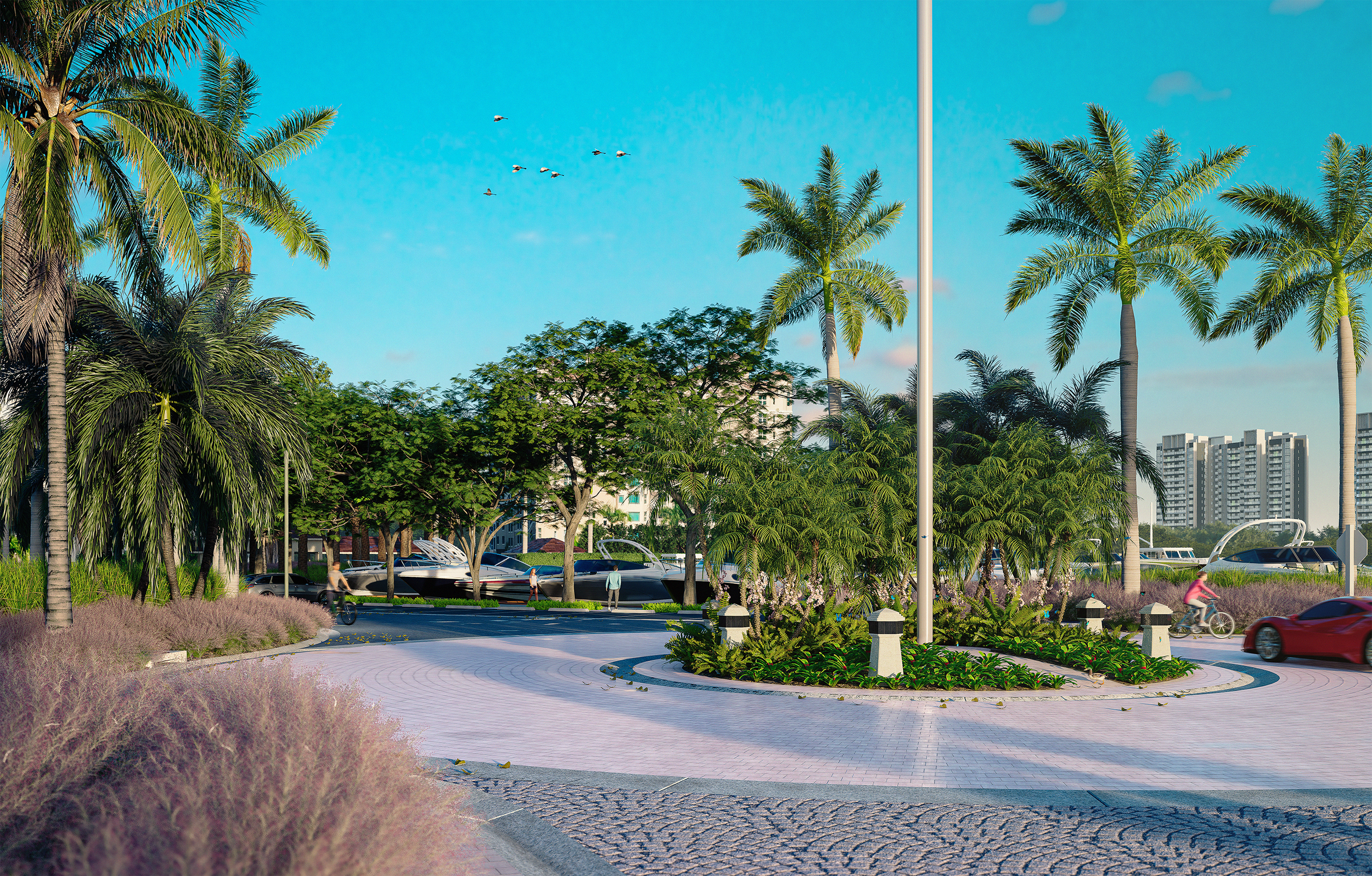 A scenic 3D rendering of a community entrance in Sarasota, FL with palm trees, people biking and walking, and boats docked along the water. High-rise buildings are visible in the background under a bright blue sky.