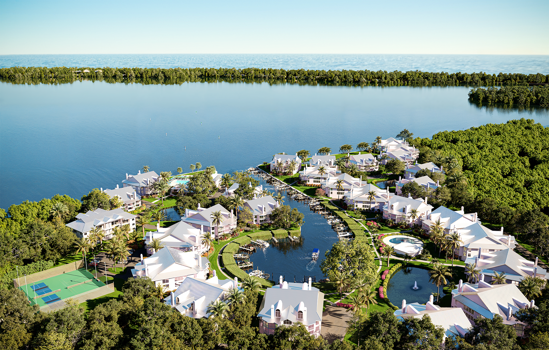 3D rendered aerial view of a multifamily community in Florida with landscaping