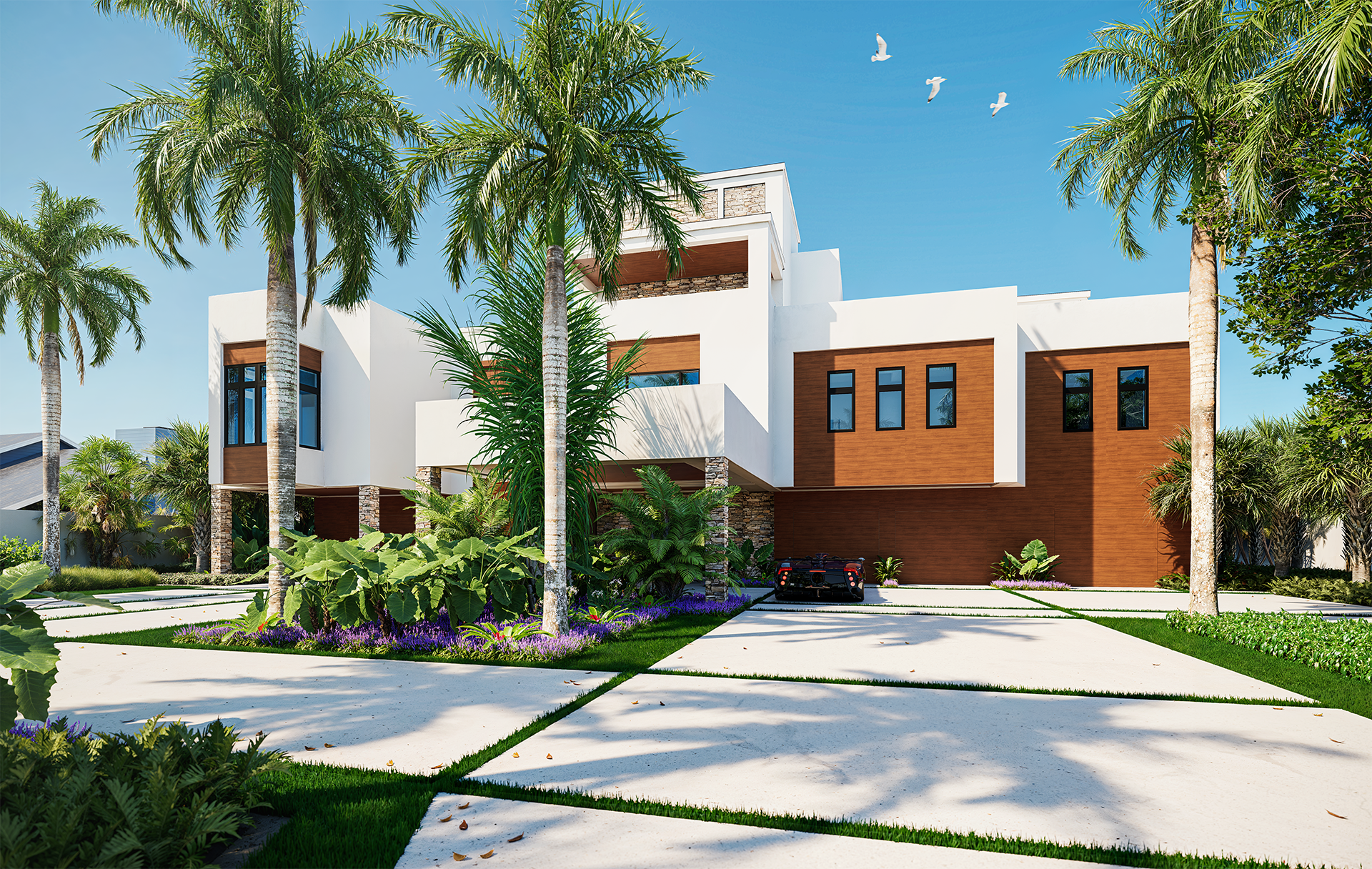 3D rendering of modern white and brown house in Sarasota, FL with multiple levels, surrounded by palm trees, a landscaped garden, and a driveway with a sports car parked.