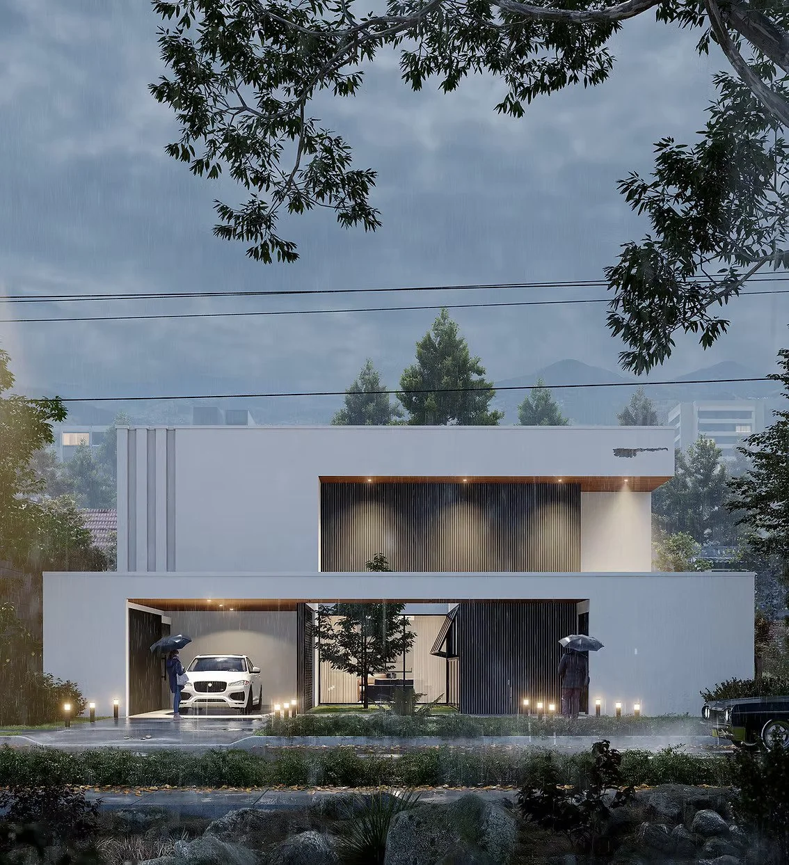 A 3D visualization of a modern two-story house with a white exterior, large garage door, and a small front yard with trees, during rainy weather with two people holding umbrellas in front.