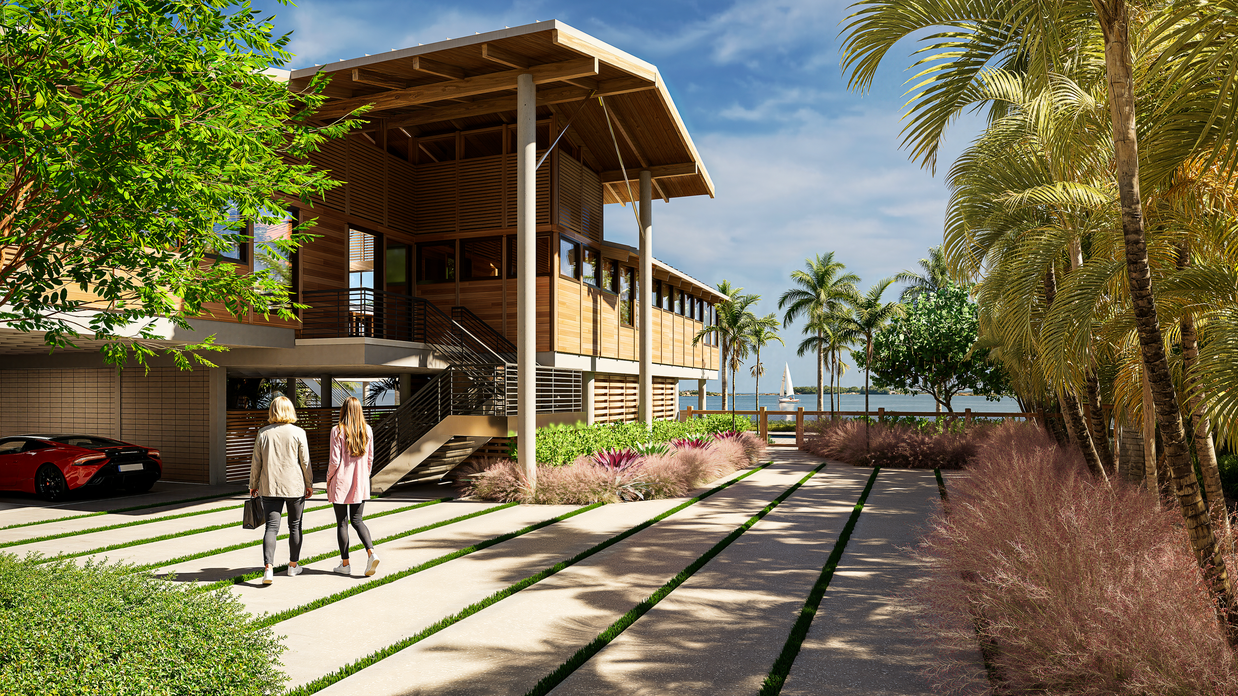 3D architectural rendering of a modern wooden house by the water with palm trees, pink ornamental grasses, small garden, a driveway with parked car, two women walking, and sailboats in the lake under a blue sky.
