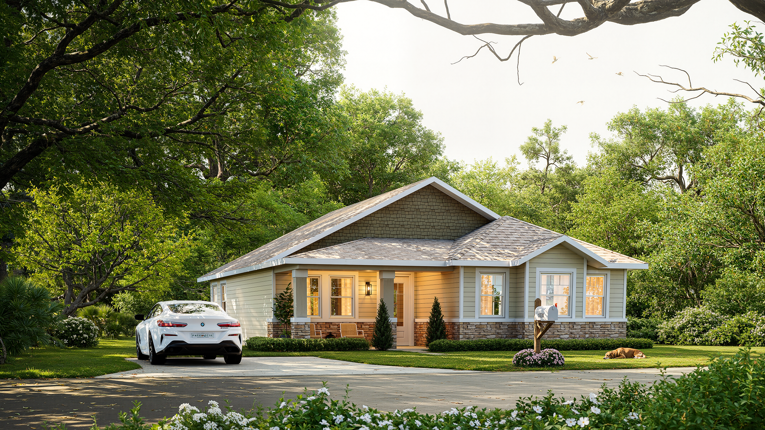 3D rendered cozy house in Flagler Beach, Florida with a front porch, surrounded by lush green trees and a well-maintained lawn. The house has large windows, a shingled roof, and a welcoming ambiance.