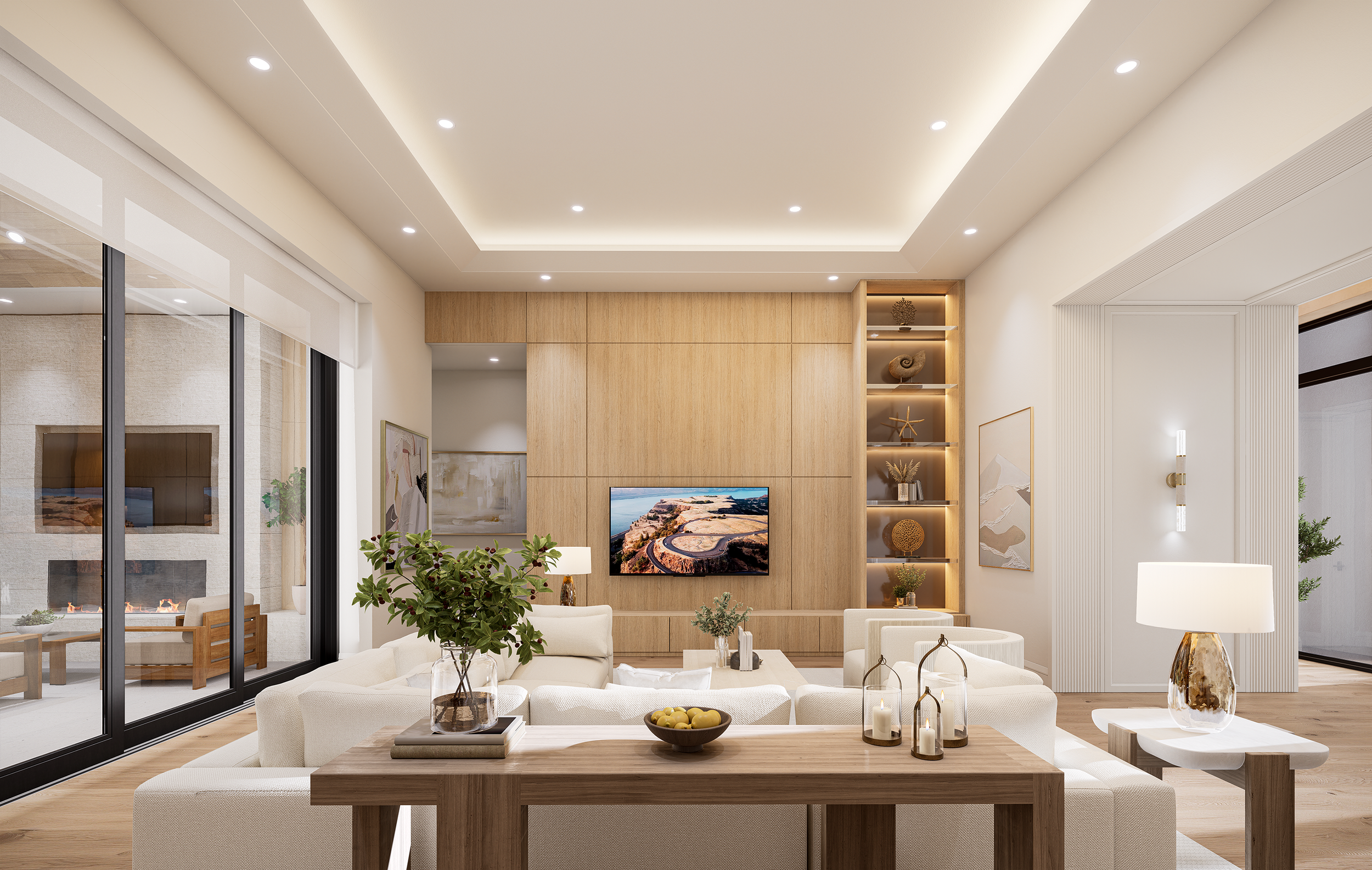 3D visualization of a modern living room with white couches, a wooden dining table with decorative candles, and a wall-mounted TV on a wooden paneled feature wall, with glass sliding doors leading to an outdoor seating area.
