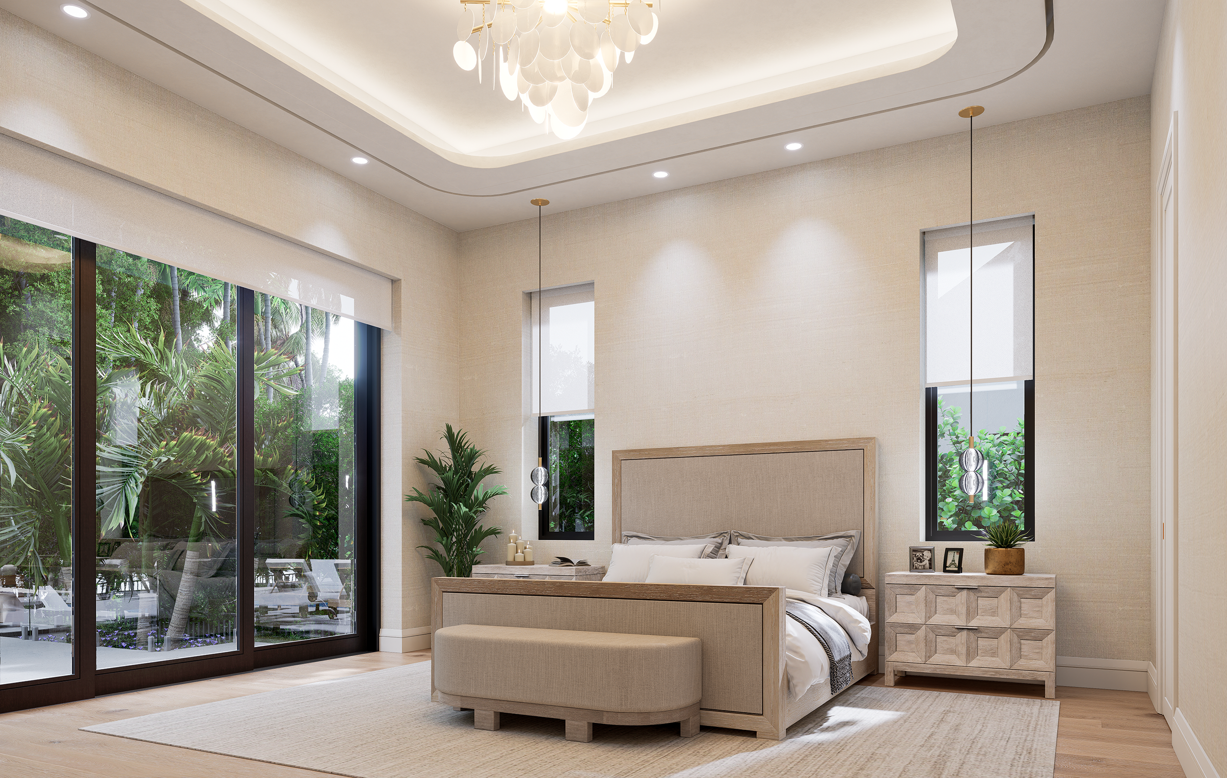 3D rendering of a modern bedroom with large windows, beige walls, a hanging light fixture, a beige bed with a wooden headboard, and a wooden nightstand with decorative items.
