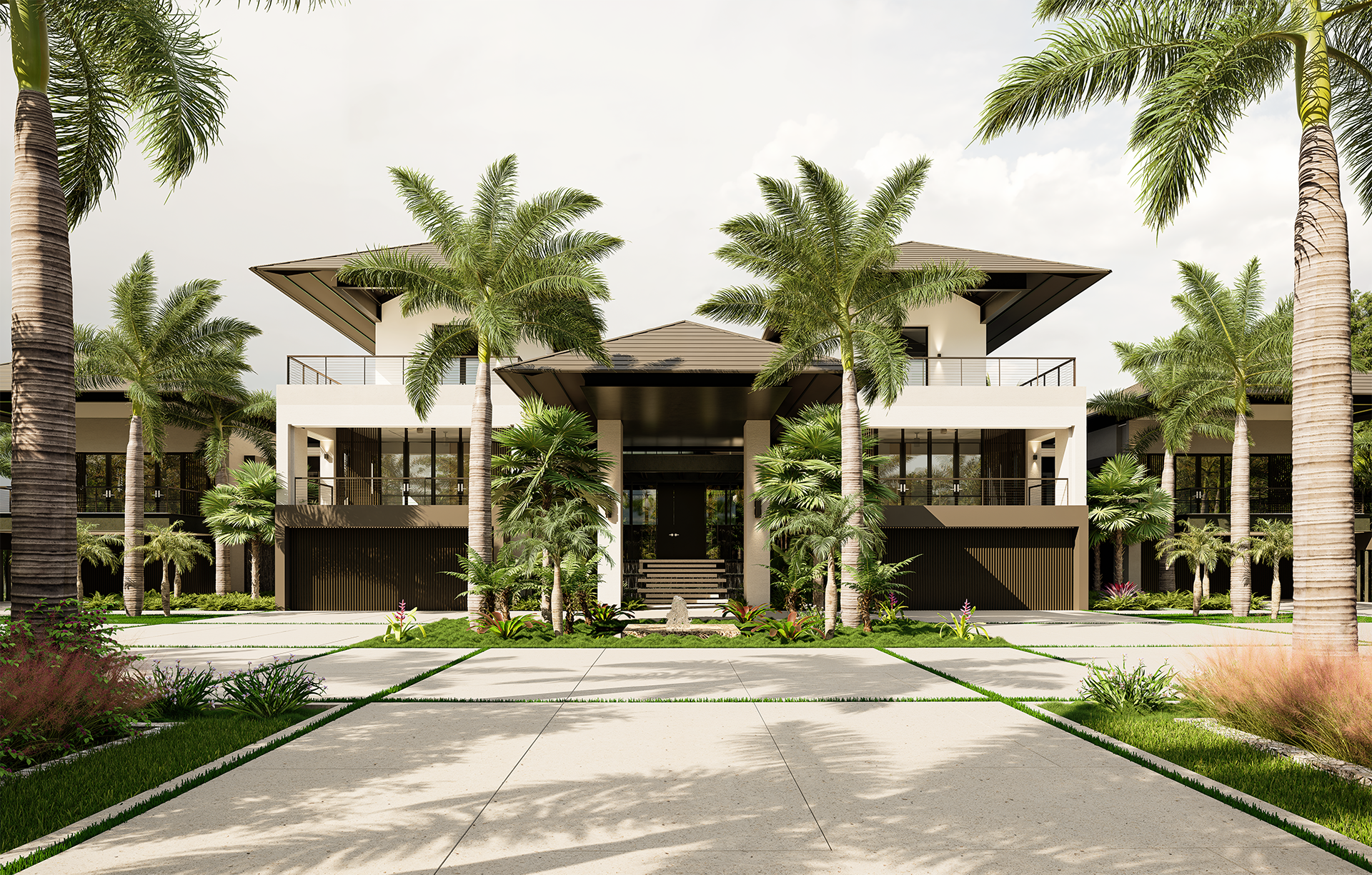 3D visualization of a modern luxury house in Sarasota, Florida with palm trees, landscaped garden, and concrete pathway in a tropical setting.