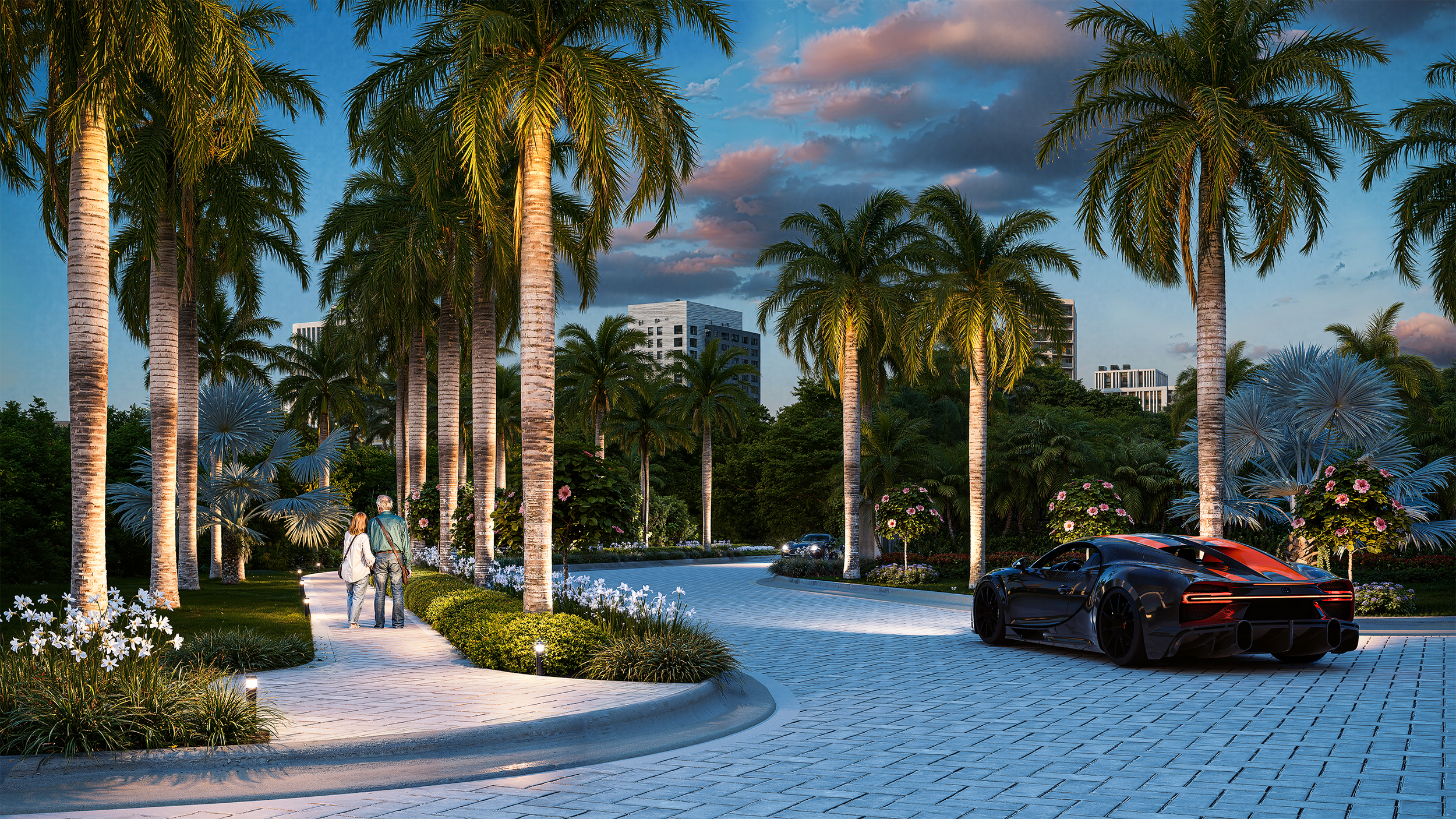 3D rendered community entrance with tall palm trees illuminated at sunset, modern buildings in the background, two people walking on a paved path, a black sports car parked nearby, and colorful flowers and lush greenery.