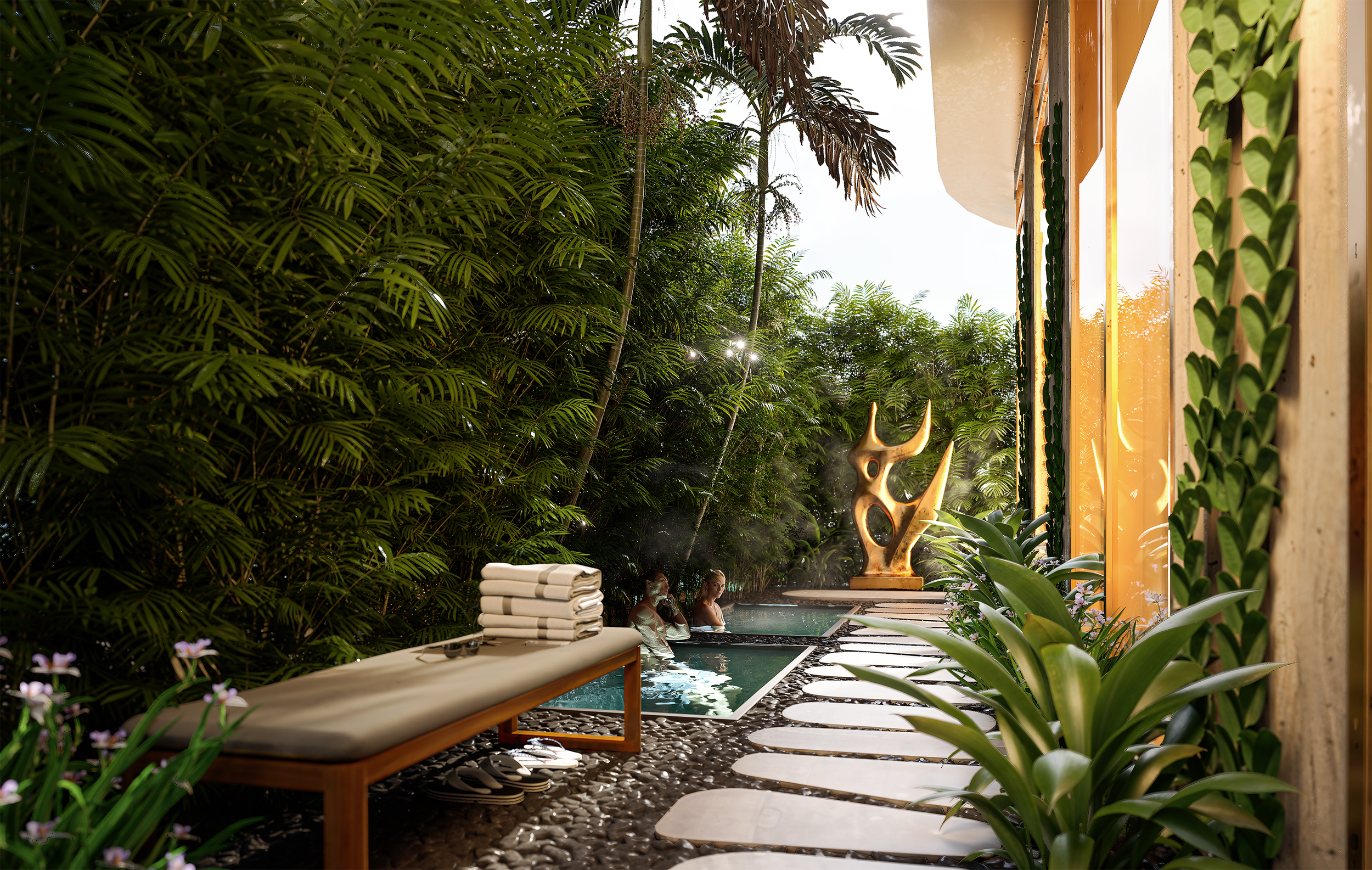 3D renderings of a man and a women sitting in a hot tub in Florida surrounded by lush green plants and trees, with folded towels on a nearby lounge chair and a modern decorative sculpture in the background.