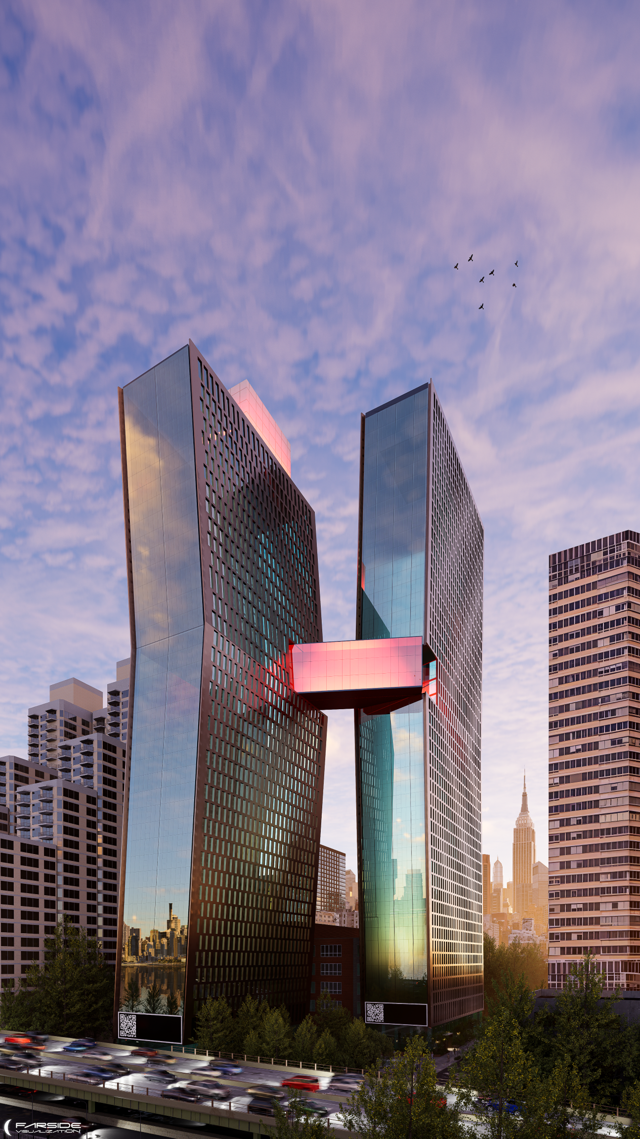 3D rendering of The Copper buildings in New York City, reflecting the sky and cityscape in its glass facade, with a busy highway at the foreground and a city skyline including the Empire State Building in the background.