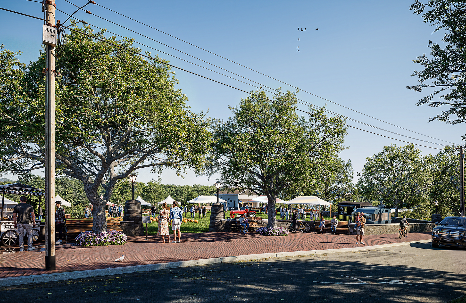 3D rendering of a lively outdoor festival event in Pennsylvania with tents, trees, food trucks, and people walking and sitting on benches in a city park on a sunny day.