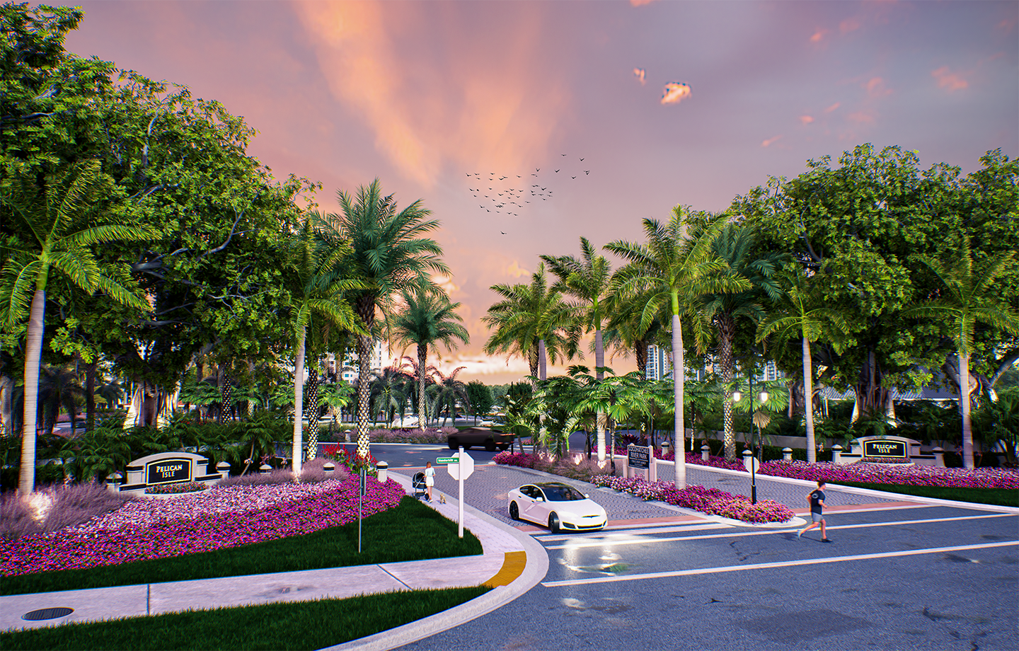 A 3D designer rendering of a modern tropical entrance in Sarasota, Florida with palm trees, colorful flower beds, and a white car crossing a crosswalk at sunset.