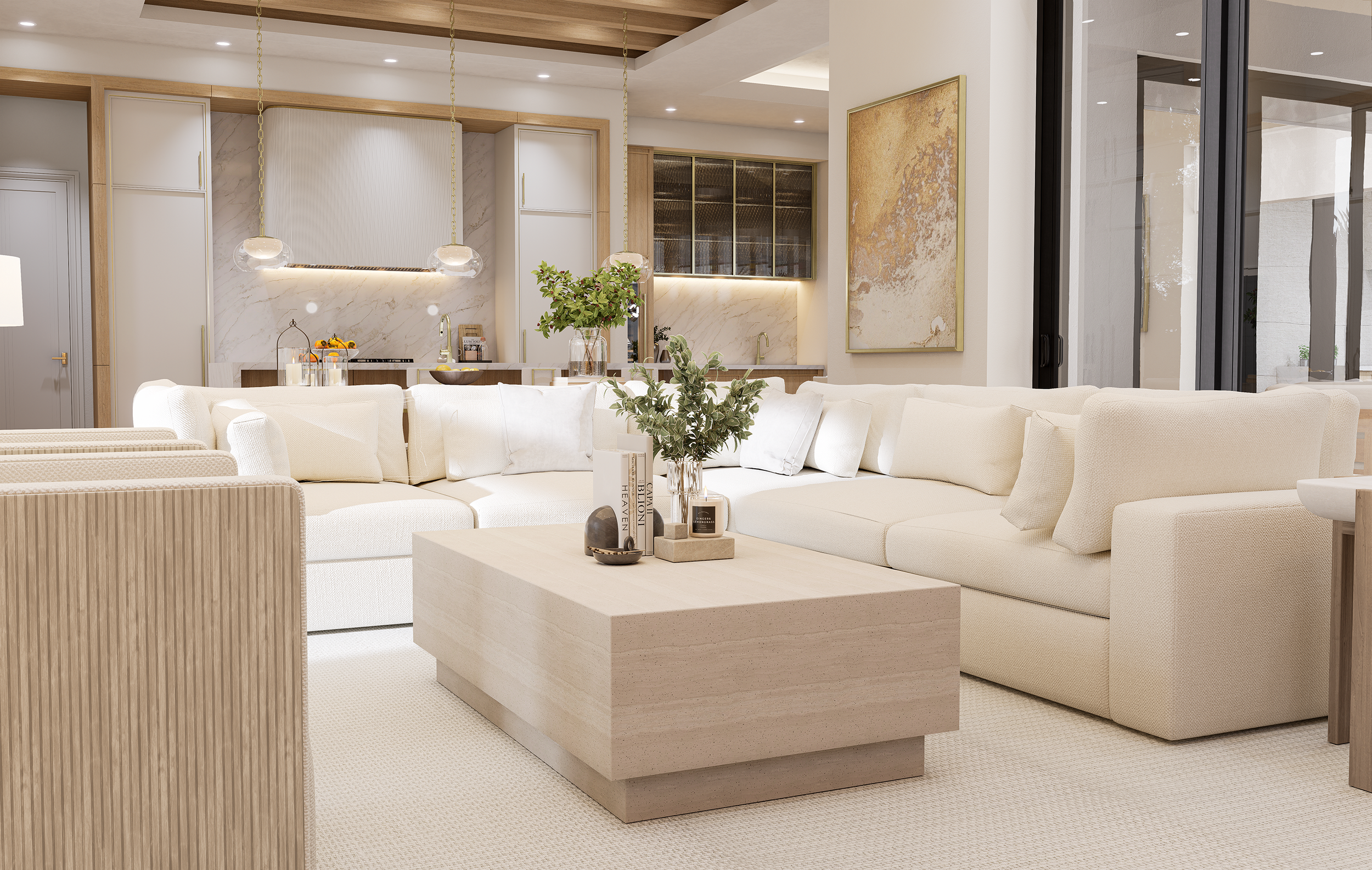 3D interior rendered view of a modern living room with beige sectional sofa, wooden coffee table with books and decorative items, plants, and a kitchen area with white cabinets and marble backsplash in the background.