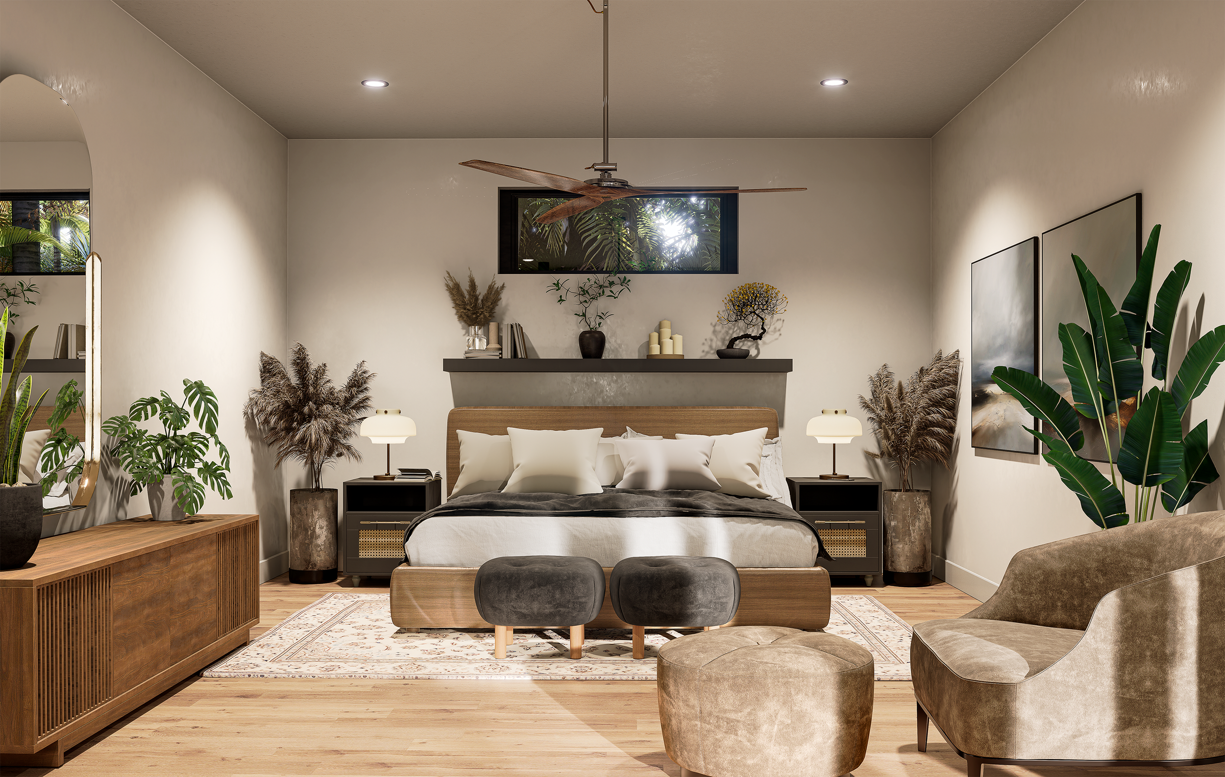 3D interior design rendering of a modern bedroom with a wooden bed frame and white bedding, flanked by black nightstands with white lamps and potted plants.