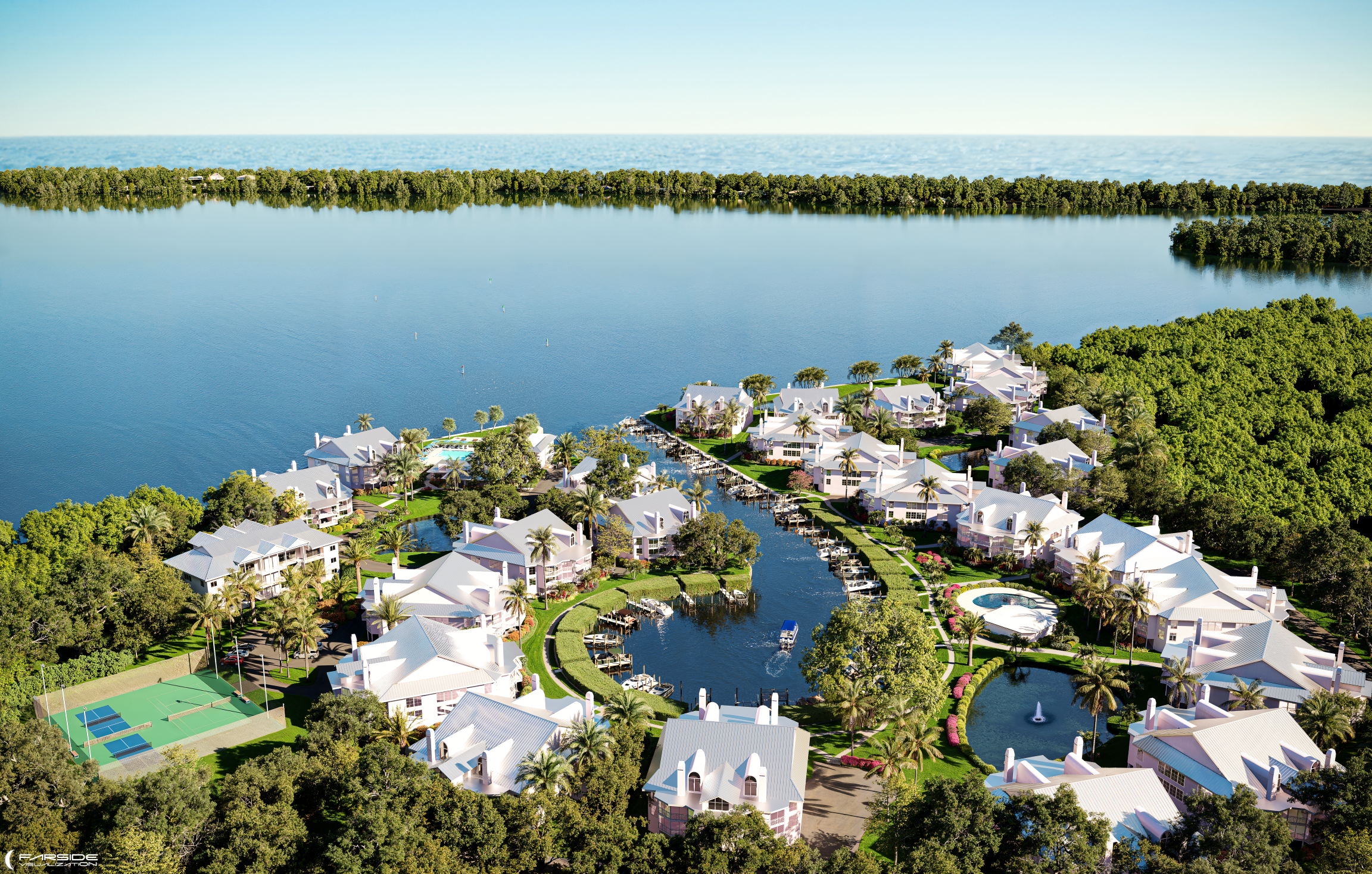 3D rendered aerial view of a waterfront housing community in Placida Harbour, FL with boats, greenery, and a large body of water in the background.